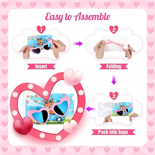 Miniatura 2 de GINMIC Regalos para el día de San Valentín para niños, paquete de 24 lentes de sol en forma de corazón con tarjetas de San Valentín para niños, aula