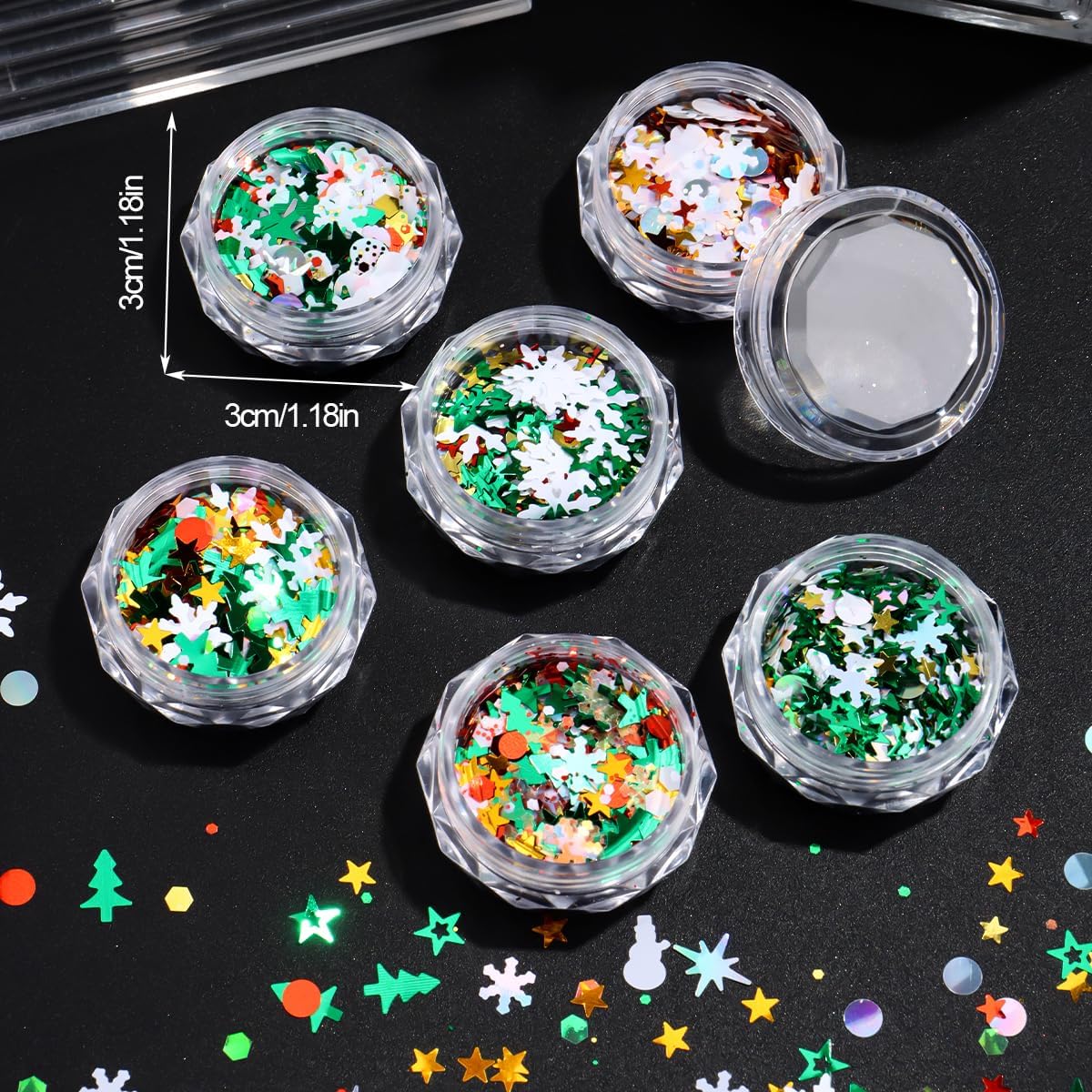 6 Box Christmas Nail Art Glitter Sequins Winter Xmas Tree Snowflake Stars Nail Flakes Mixed Hexagon & Circle Sparkly Nail Paillette Flakes for DIY Manicure Decorations New Year