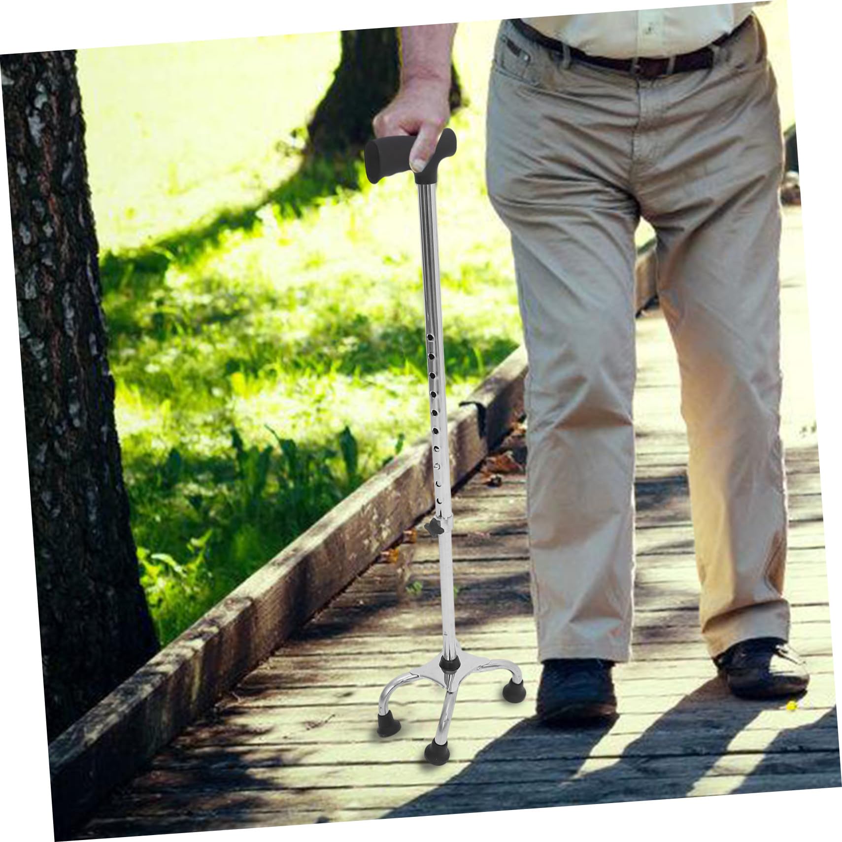 Bastón Ergonómico Ajustable Antideslizante para Caminar con Base Plana de Cuatro Patas y Soporte Adicional, Adecuado para Uso Interior y Exterior por Hombres y Mujeres