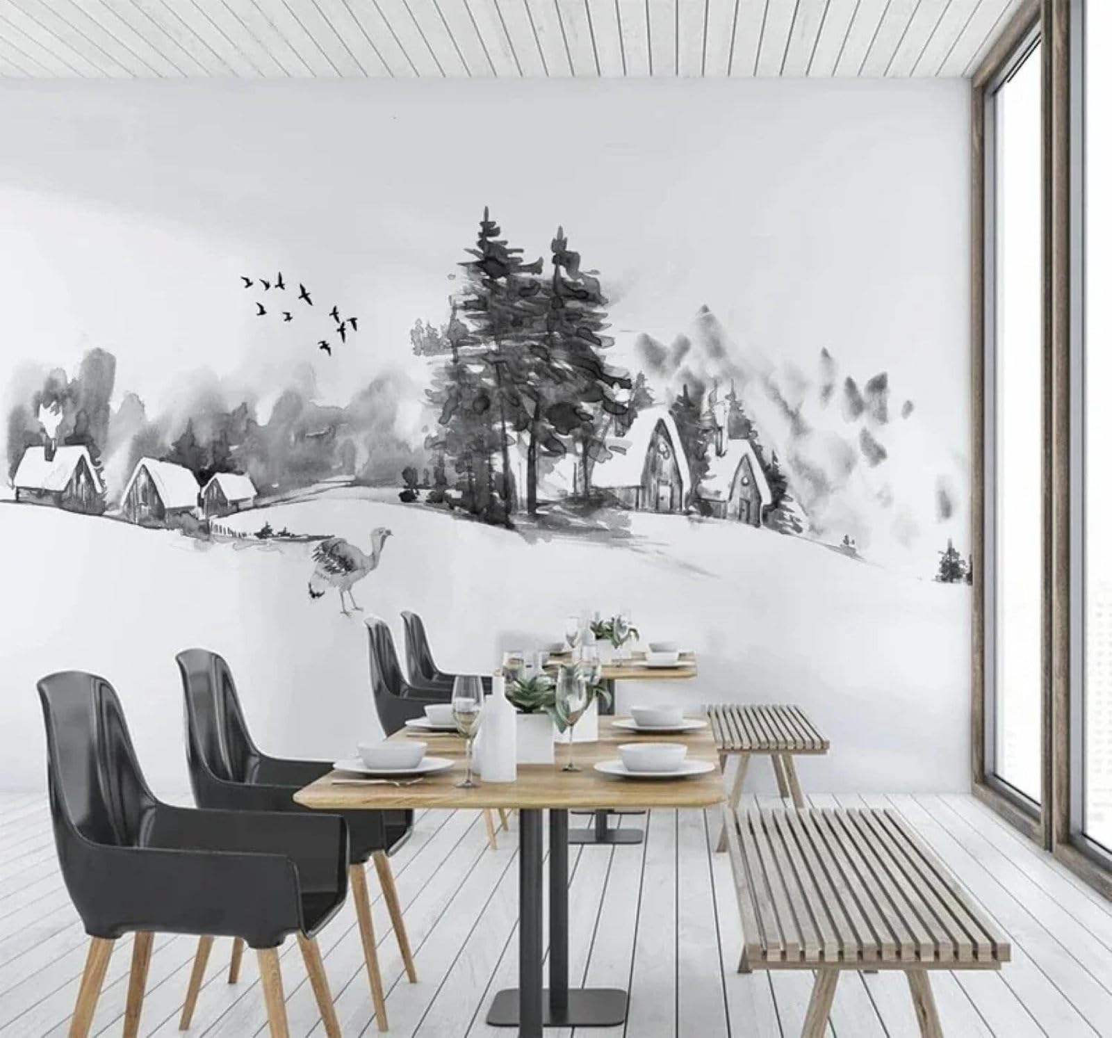 Xlming 430Cm×300Cm(B×H) Black And White Ink Wash Winter Countryside Snowy Landscape 3D Wallpaper Premium Textured Silk Study Dining Living Room Bedroom Sofa Tv Wall Easy Install-430Cm×300Cm