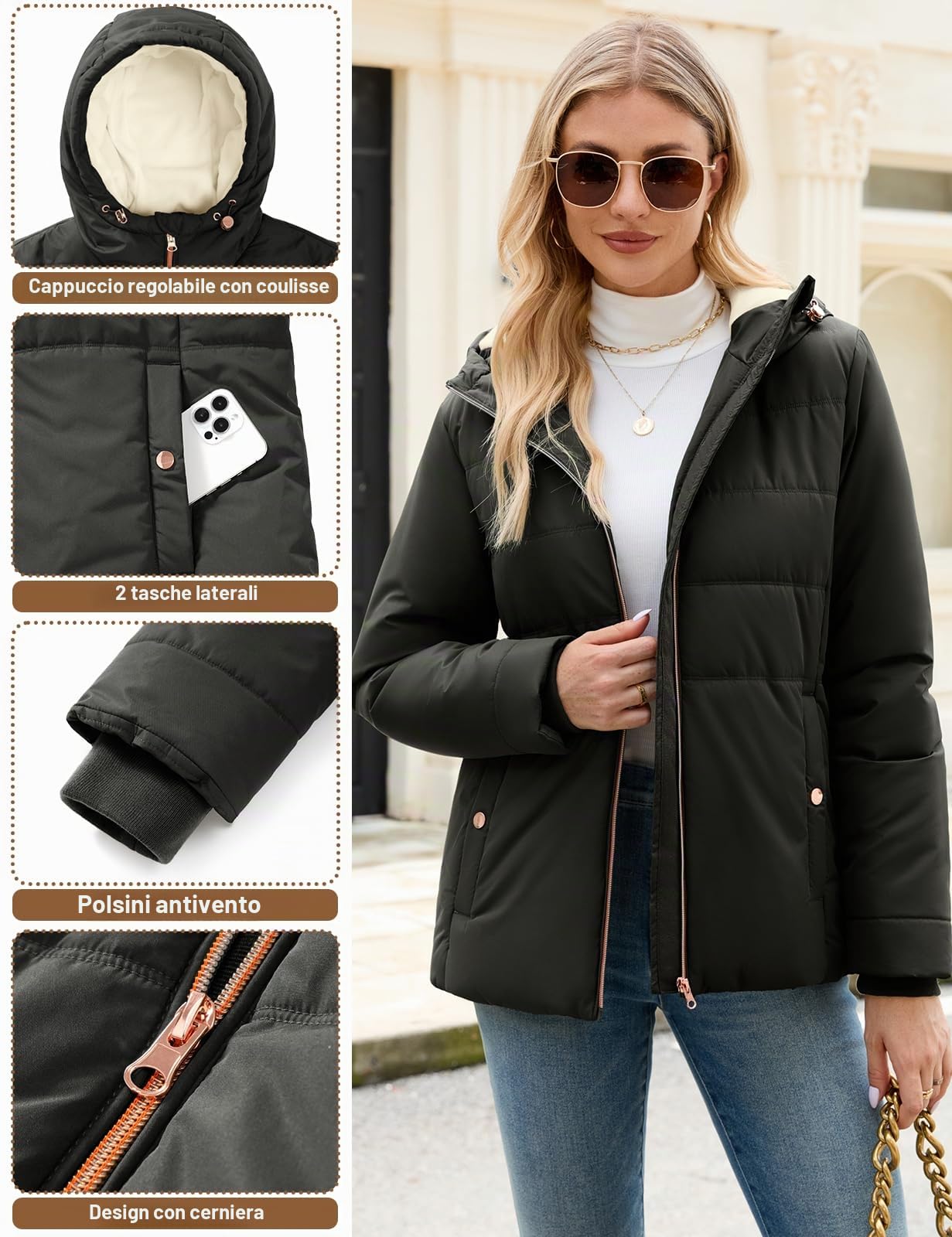 Giacca da Donna Invernale Mezza Stagione Cappuccio con Cappuccio Elegante Giacca Giubbino Imbottito Autunno Invernali Giubbotto Caldo Parka Casual Outwear con Tasche