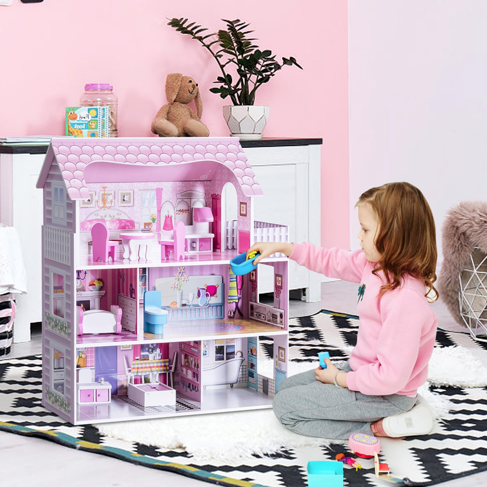 GOPLUS Maison de Poupée en Bois, Maison de Rêve à 3 Étages avec 5 Pièces Simulées GOPLUS Maison de Poupée en Bois, Maison de Rêve à 3 Étages avec 5 Pièces Simulées