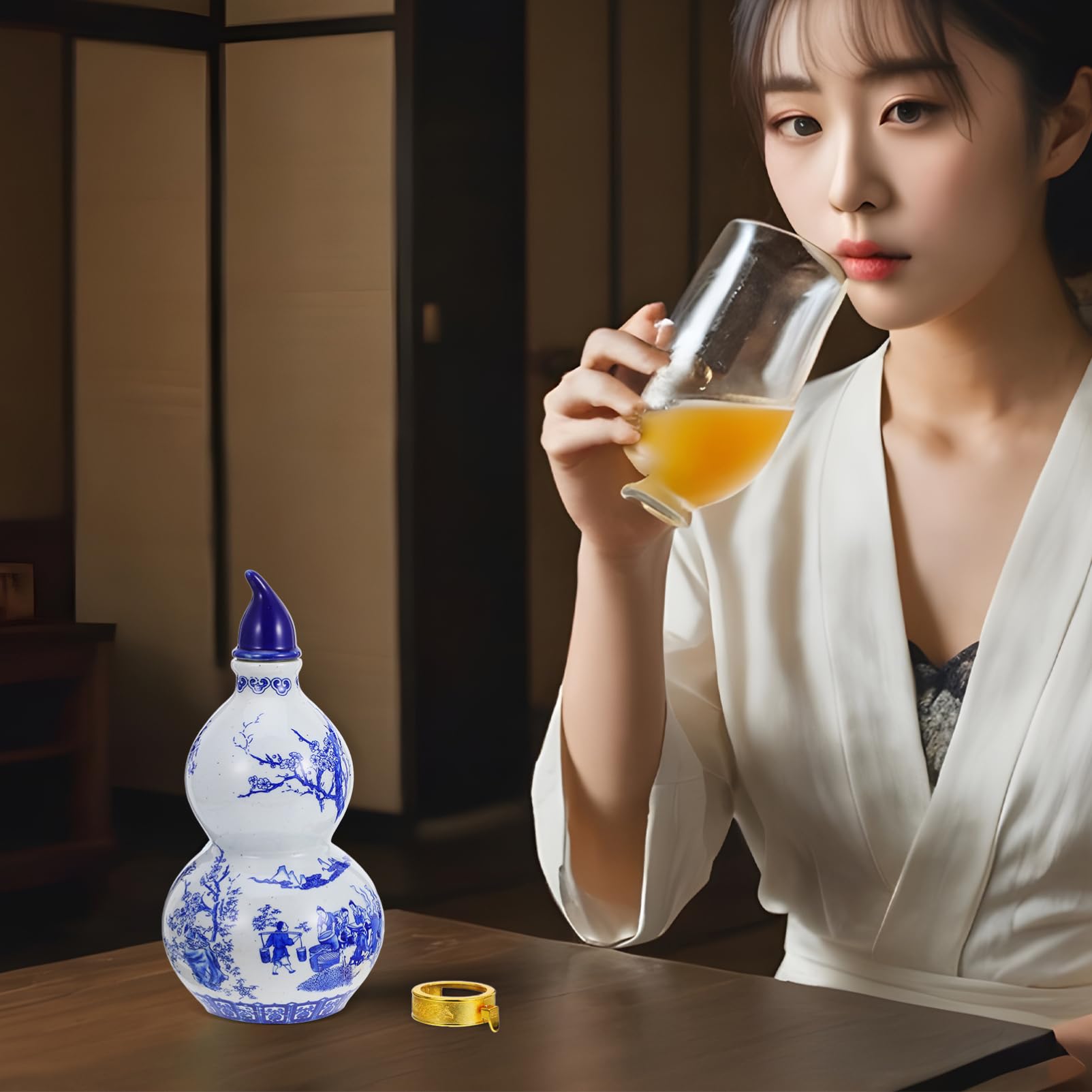 Luxshiny Ceramic Wine Pot Porcelain Gourd Shape Chinese Wine Jug Antique Water Carafe Wine Flagon Dispenser Wine Storage Container for Home Restaurant
