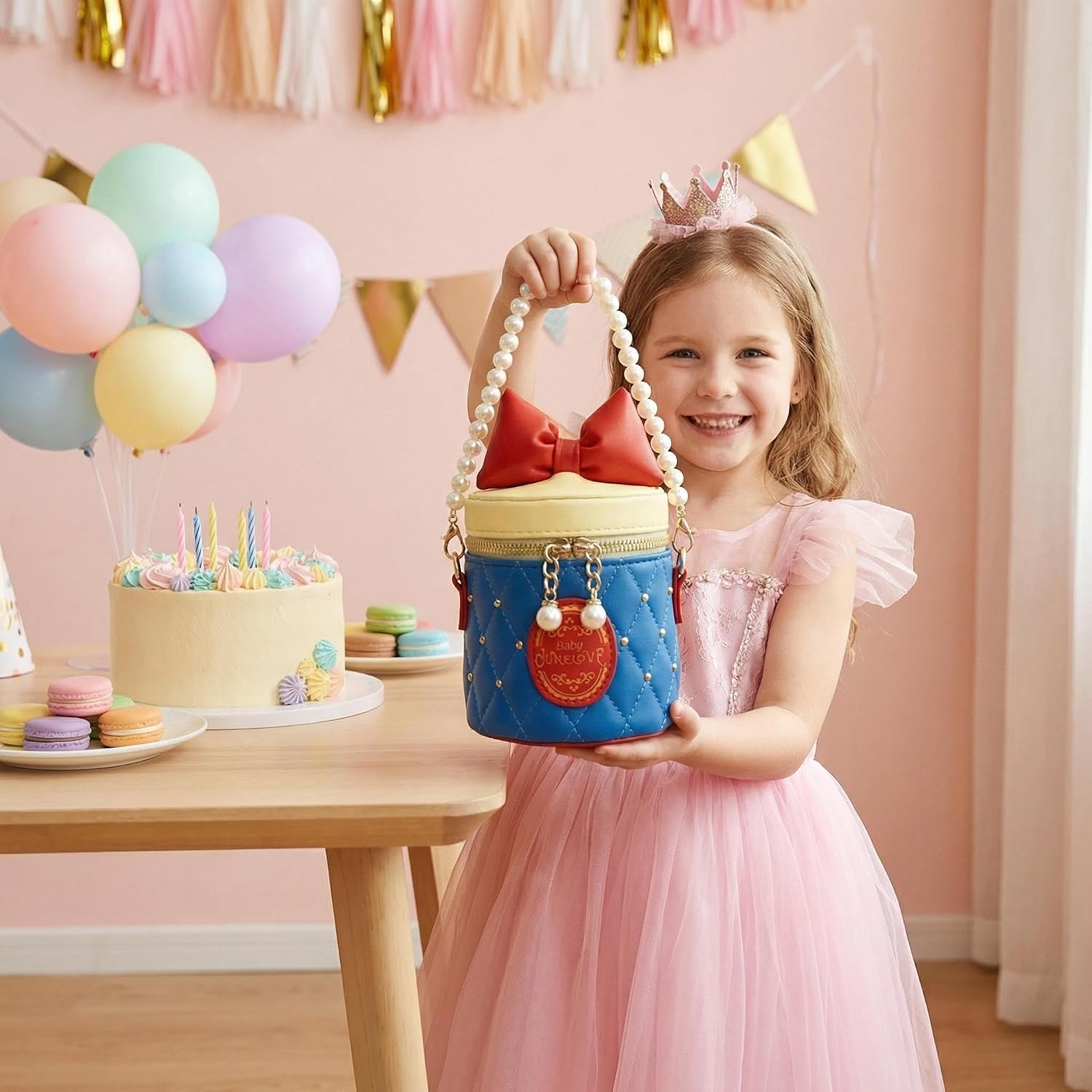 Little Girls Purse, Beaded Mini Bucket Bag Crossbody with Pearl Chain, Princess Purse for 3-8 Years Birthday Gift