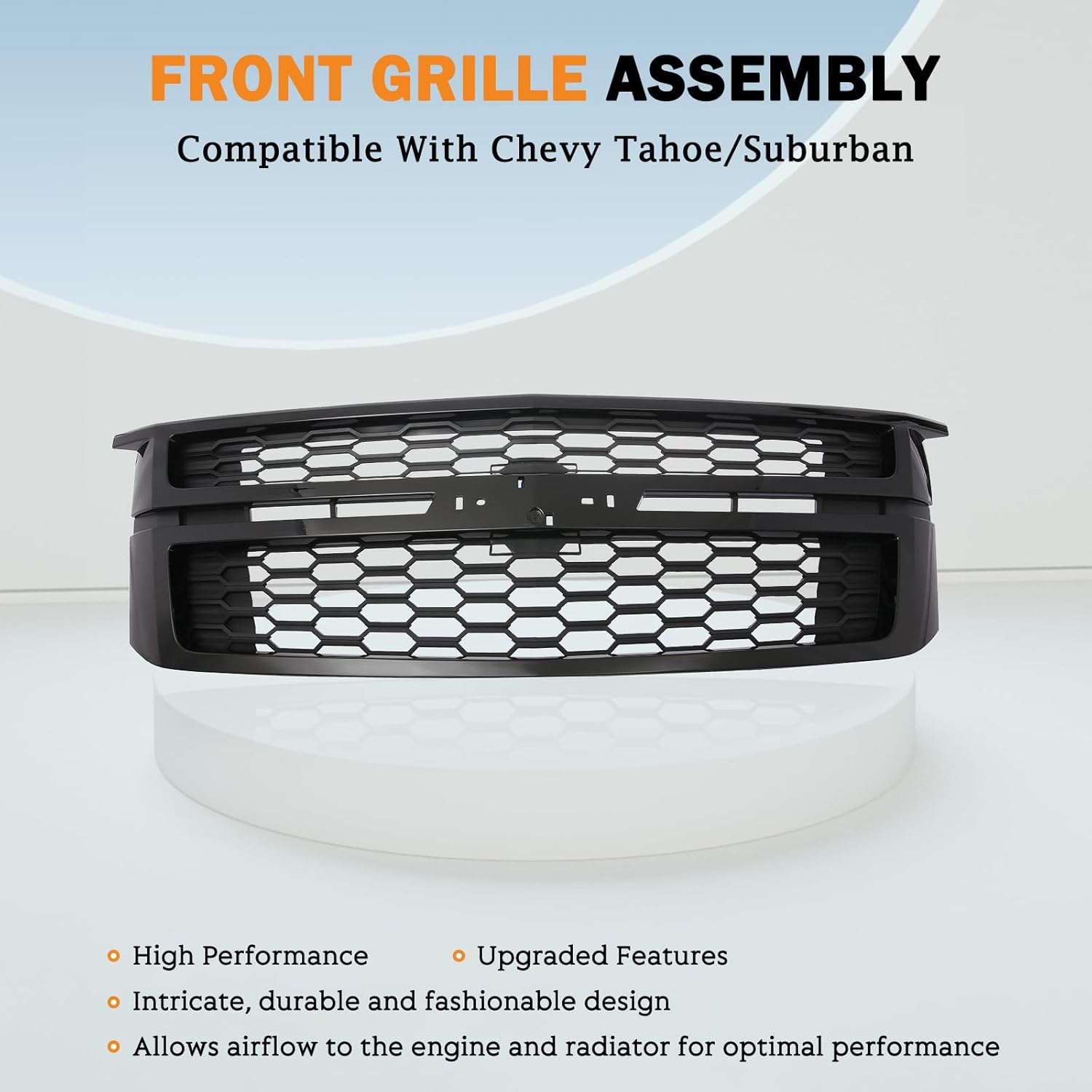 KARPAL Front Upper Bumper Grille Grill Assembly Black Compatible with 2015-2020 Chevy Tahoe/Suburban, Replace 84724083 23320672 23156311