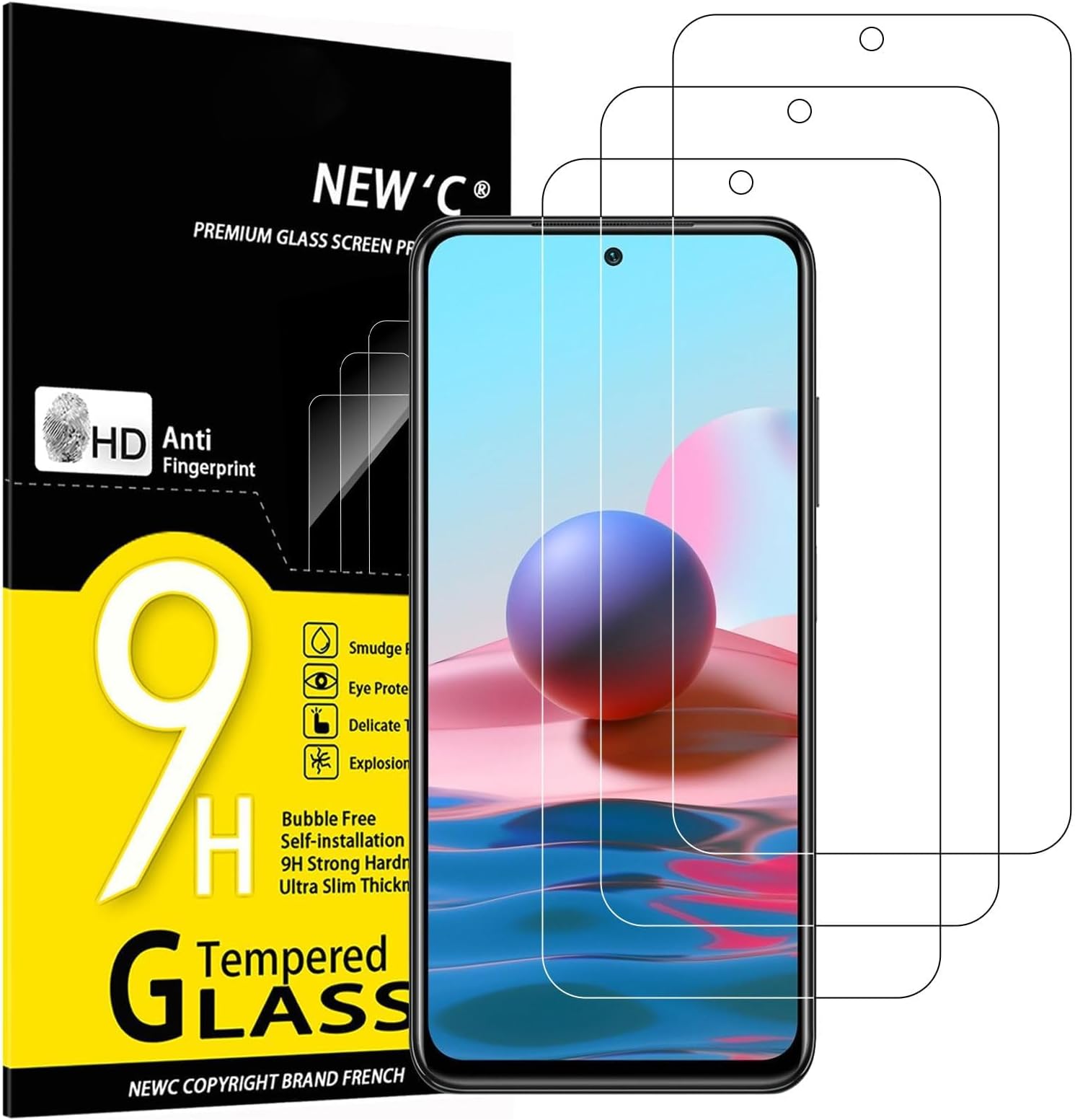 NEW'C 3 Pack Designed for Xiaomi Redmi Note 10 Pro, 10 Pro Max 4G Screen Protector Tempered Glass, Fingerprint Resistant, 9H Hardness, 0.33mm Ultra Transparent, Ultra Resistant