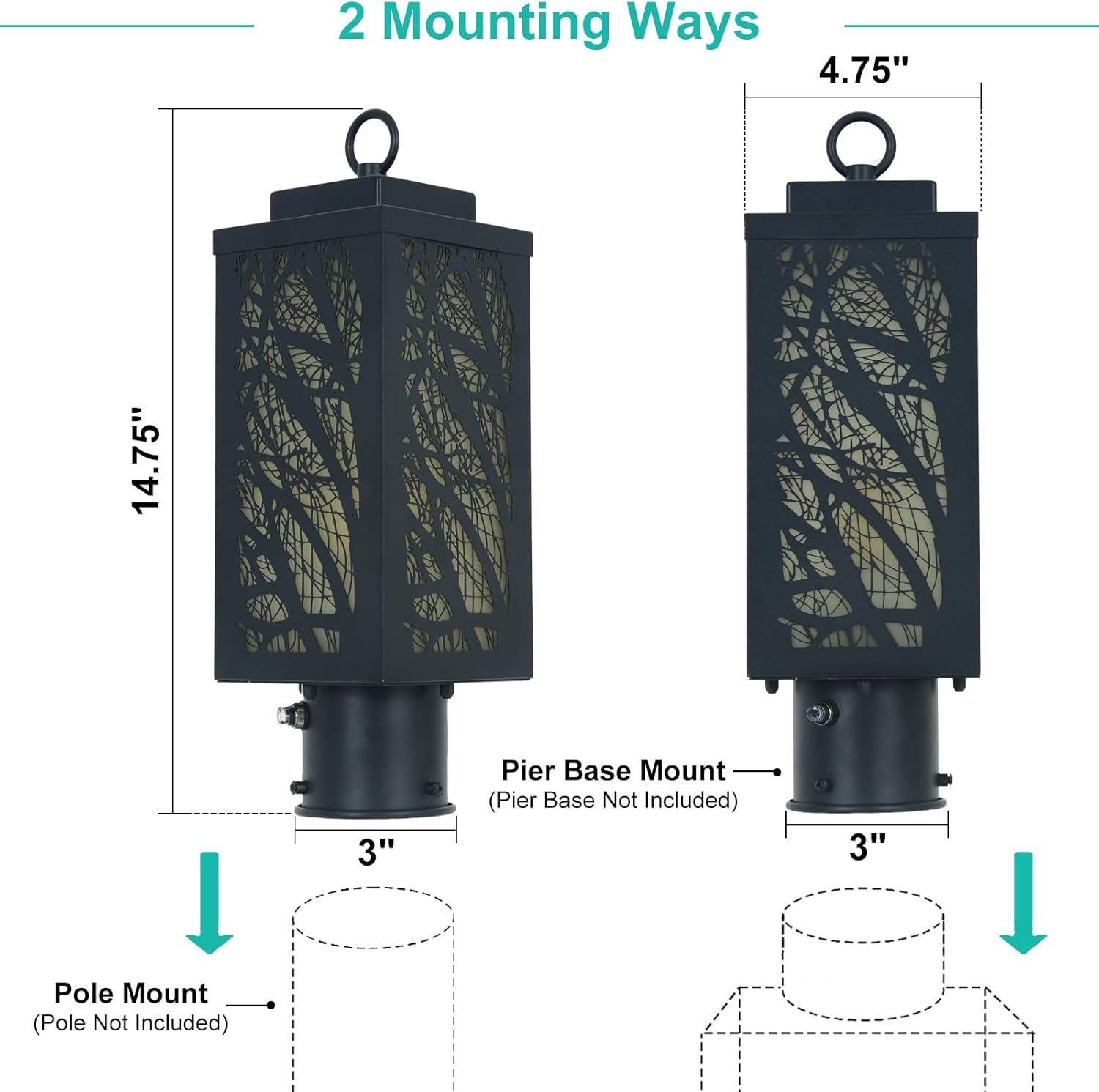 Pier Mount Outdoor Lighting Tree Branch Pattern, Warm Amber Shade, Dusk to Dawn, Waterproof, Hardwired Outdoor Post Lights, E26 Base 60W, Black Metal for Fence, Pathway, Courtyard, 1 Pack