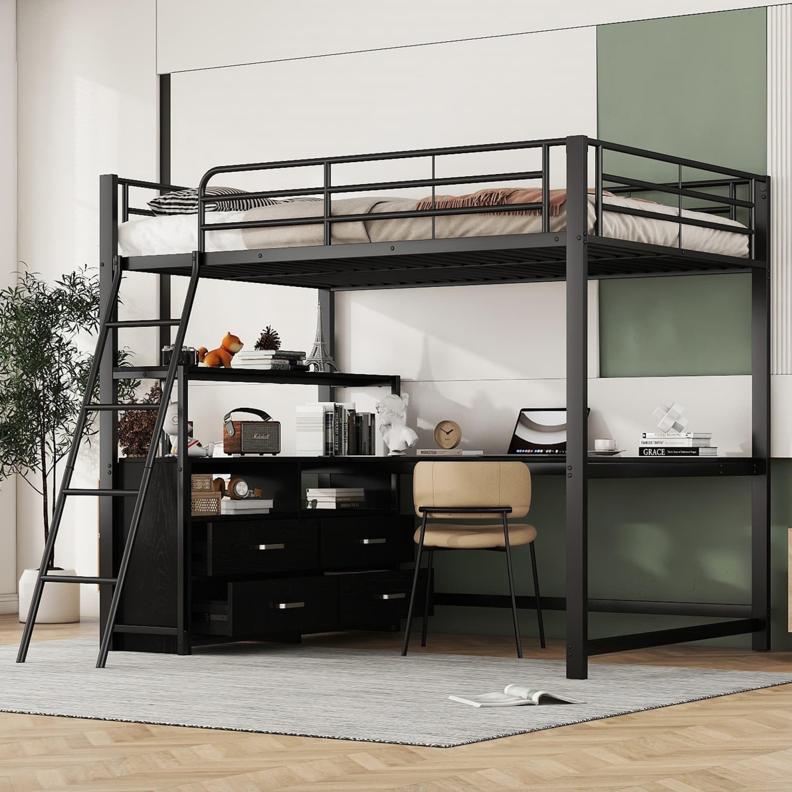 Lit mezzanine 140 x 200 cm, Éclairage LED, Échelle de rangement, Étagères, Rangements, Bureau, Sans matelas, Blanc + Naturel | Leroy Merlin Lit mezzanine 140 x 200 cm, Éclairage LED, Échelle de rangement, Étagères, Rangements, Bureau, Sans matelas, Blanc + Naturel | Leroy Merlin