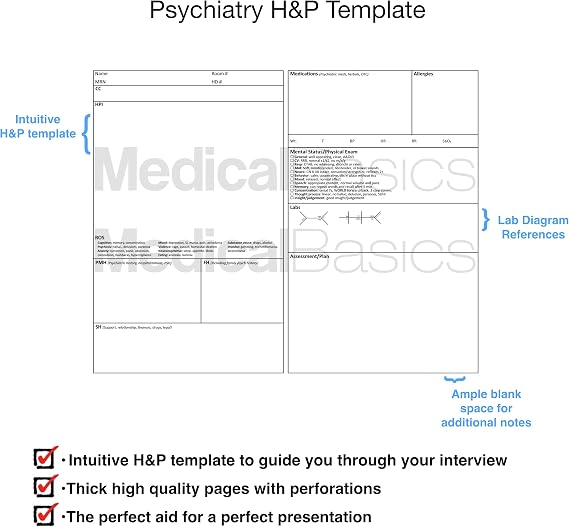 Psychiatry H&P Notebook Medical History and Physical notebook, 100 medical templates with perforations