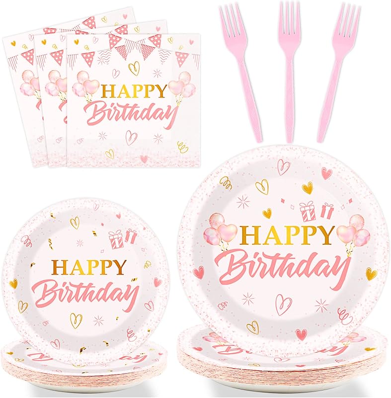 Tevxj 96 Piezas Juego de Vajilla para Fiesta de Feliz Cumpleaños Rosa Decoraciones de Mesa en Oro Rosa Platos de Postre Multicolores Servilletas Tenedores para Niñas Mujeres Cumpleaños Bodas Favores de Fiesta Desechables 24 Invitados