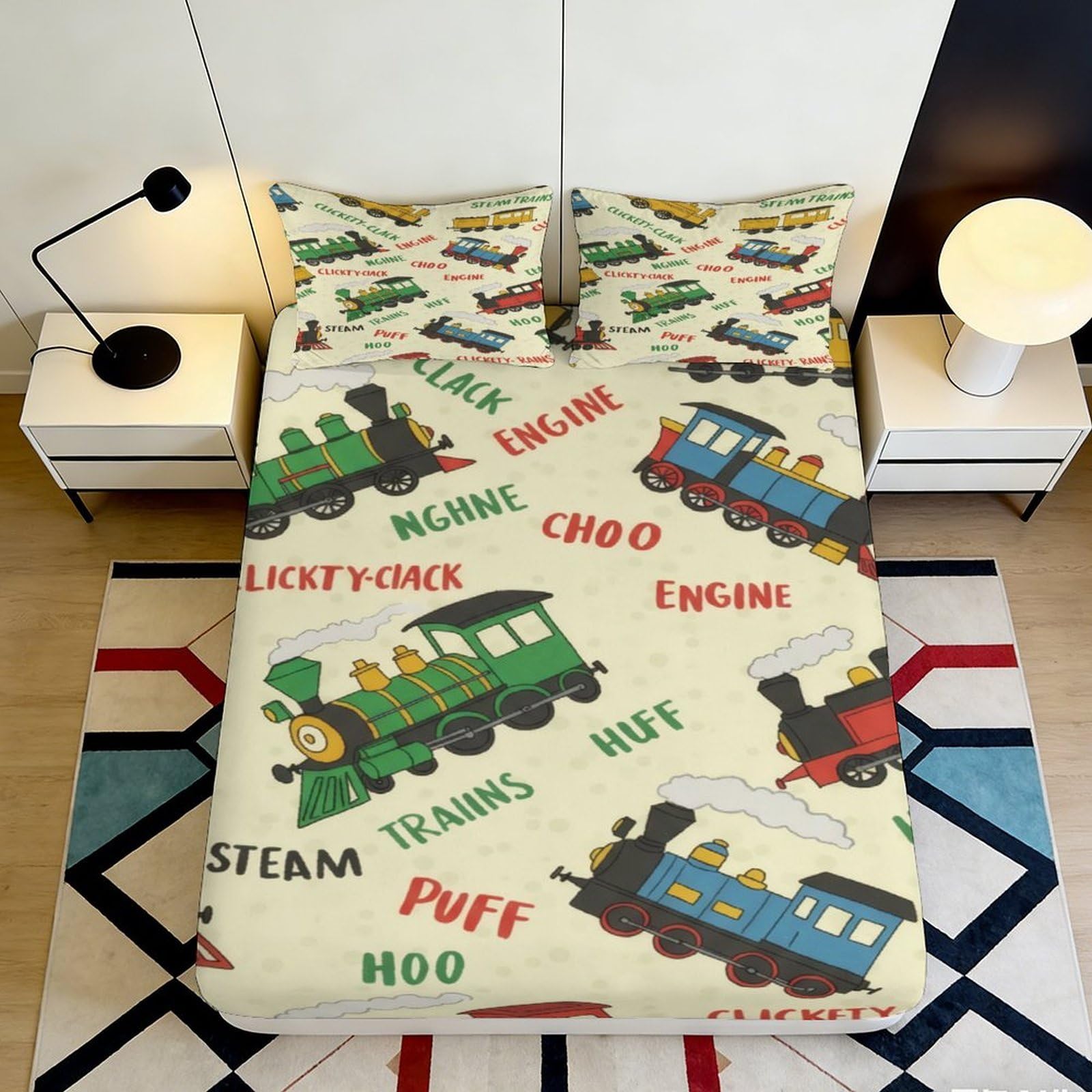 3D Printed Cartoon Train Fitted Sheet Microfiber Anti-Slip Steam Locomotive Mattress Cover for Bedroom Guest Room Washable Decor 90x200x25cm
