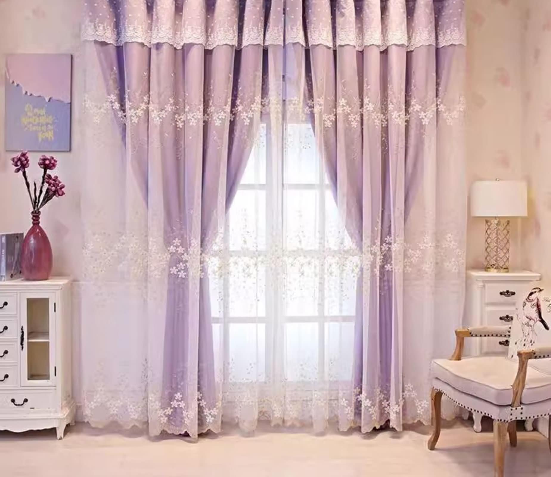 Zasłony okienne, lekkie zasłony zaciemniające fioletowy dwuwarstwowy haft koronkowy zestaw 2 szt. 107 W x 229 l cm