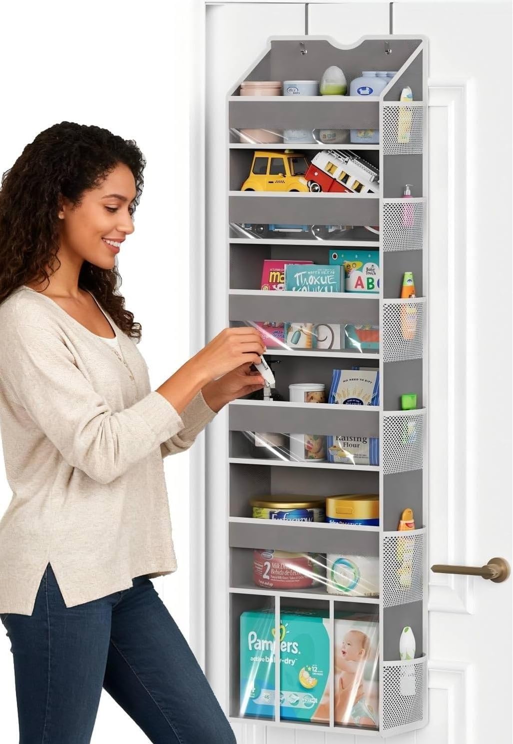 GGUO Over The Door Organizer with 6 Large Clear Pockets 12 Mesh Side Pockets - 50LB Heavy Duty Behind Door Storage, Door Hanging Storage for Closet