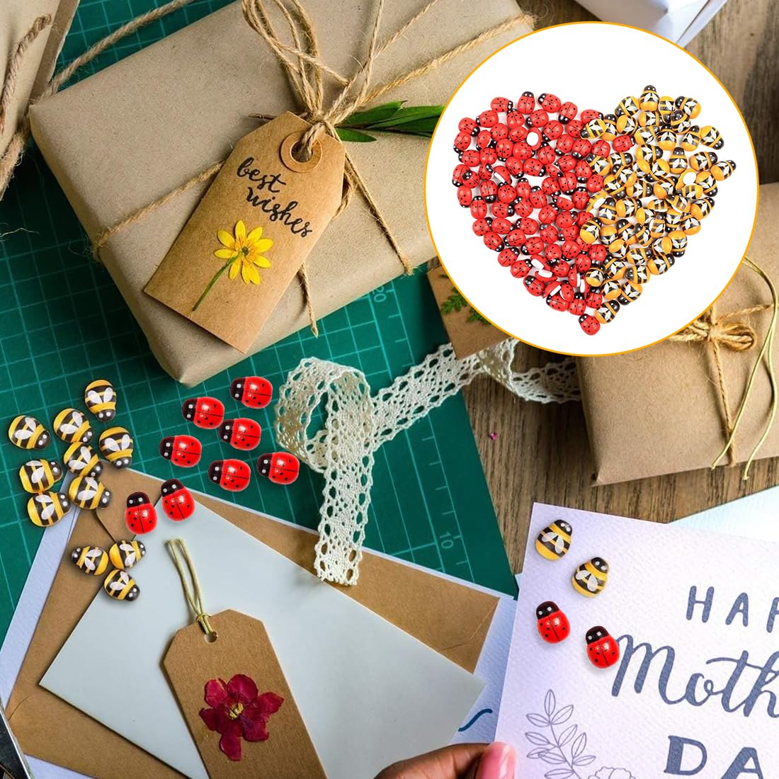 200 Pezzi Adesivi 3D In Legno Coccinelle, Api E Fiori - Decorazioni Autoadesive Per Scrapbooking E Fai Da Te