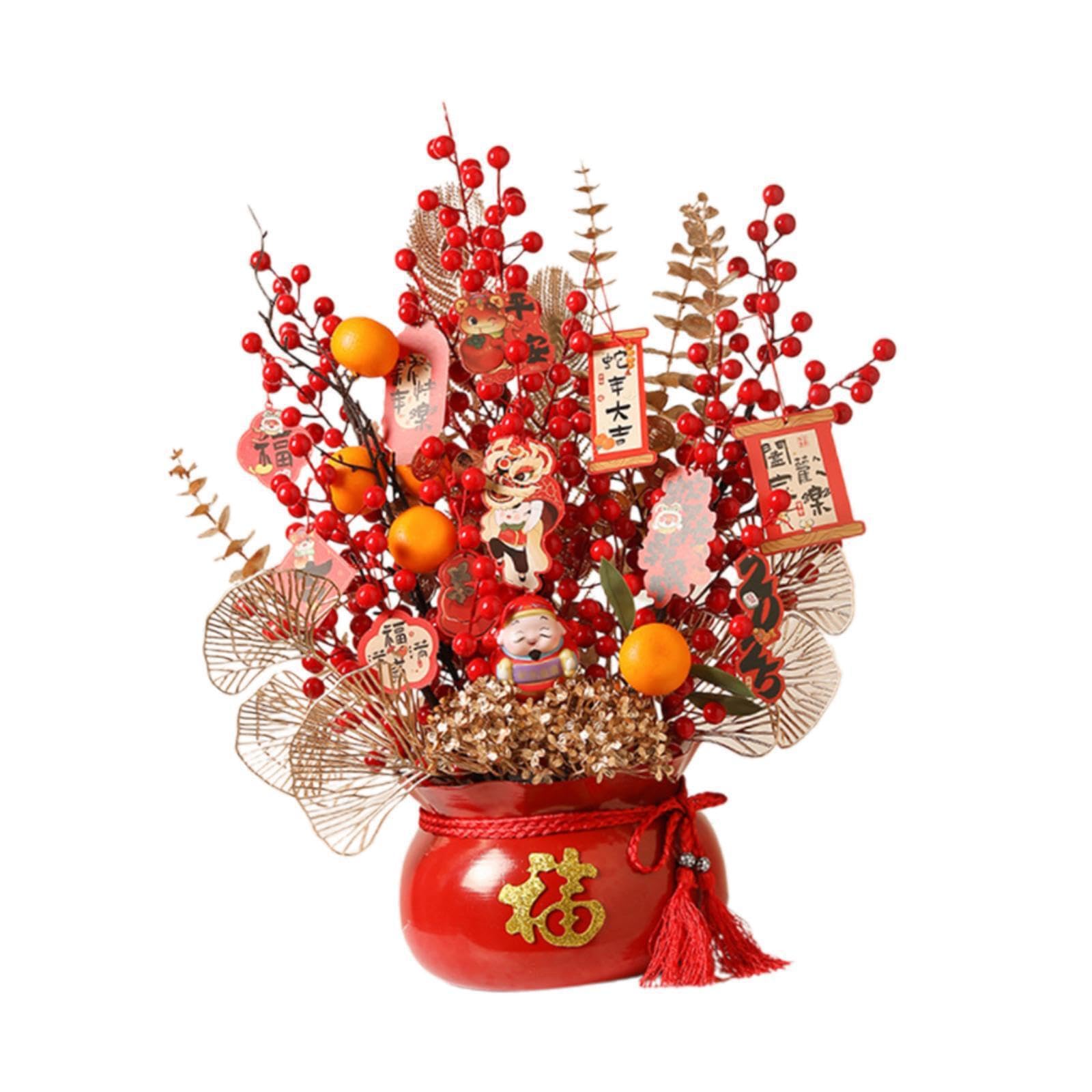 Zambuph Red Pot 2025 Artificial Flowers Decor Spring Festival Addition Featuring Chinese New Year Potted Plant As Selection Feng Shui Ornament Bonsai, 50X60cm