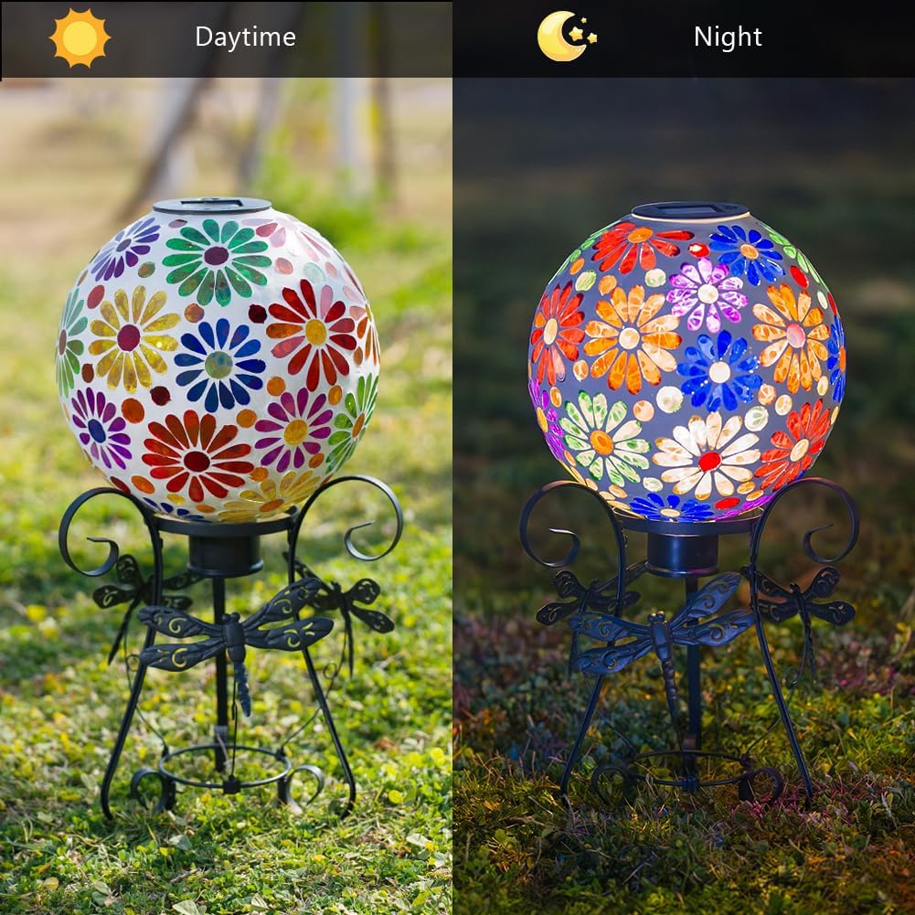 Starsoul Solar Gazing Ball, 10" Lighted Flowers Mosaic Gazing Balls with Stand, Glass Outdoor Garden Globe, Gazing Balls for Garden Lawn Yard Decor