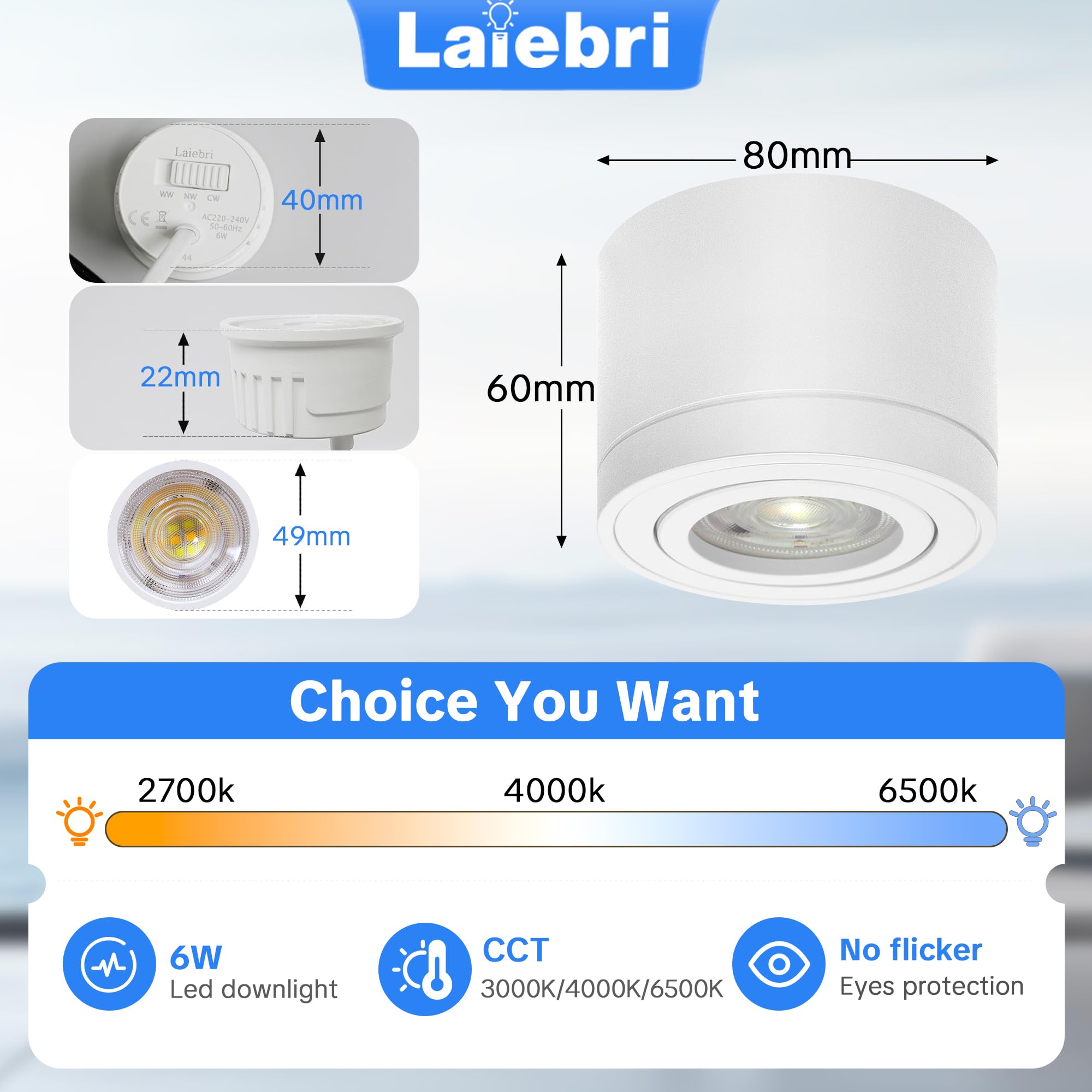 4x Led Aufbauspots Weiß - 30° Schwenkbar Ø80x60mm Deckenstrahler - inkl. 6W Led Modul 230V 2700K/4000K/6500K Dimmbar Deckenspots - Aufbaustrahler - Aufputz Spots