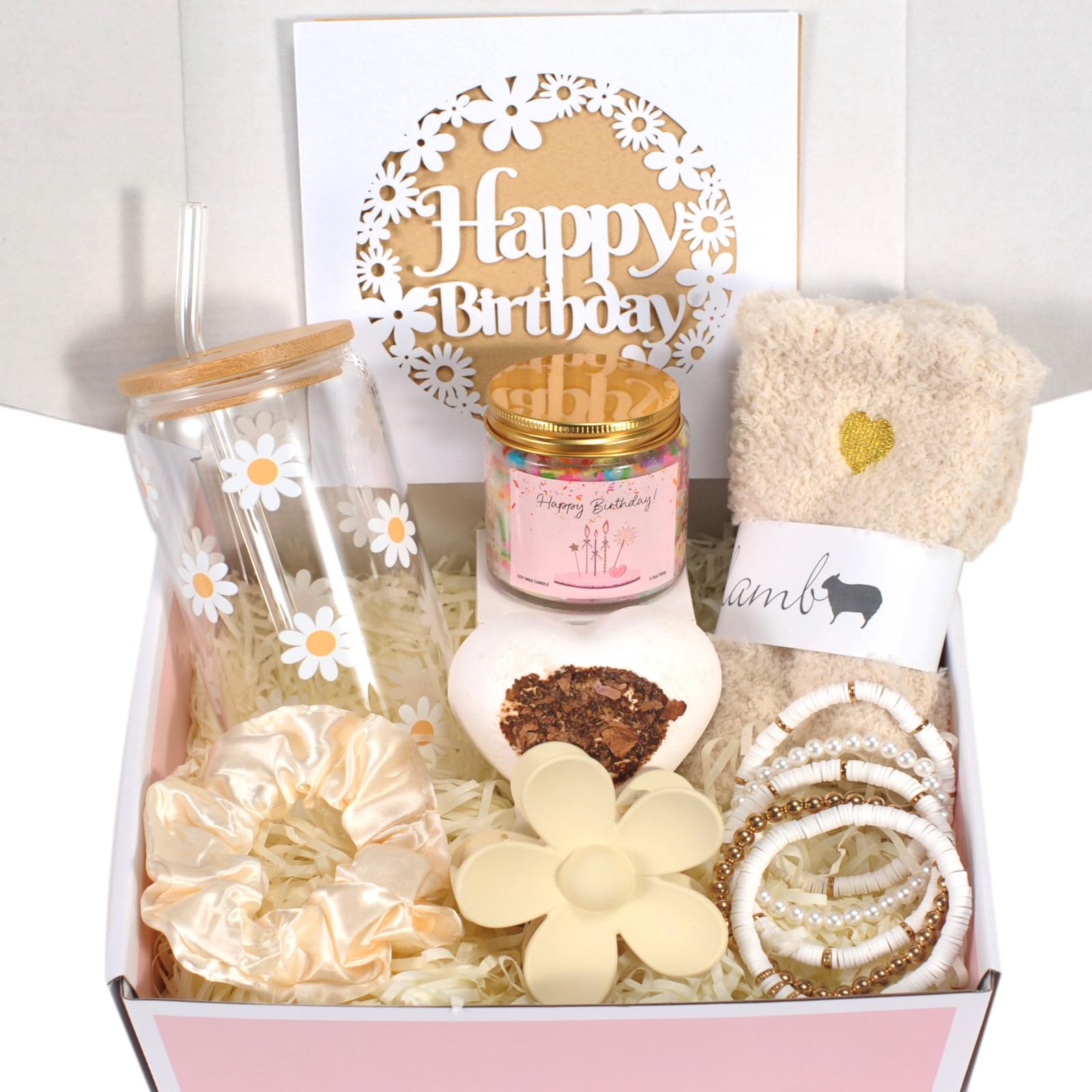 HIDDEN NUTS Birthday Gift for Teen Girls, Happy Birthday Box for Girl, Cute Preppy Stuff for Tween Girls, Christmas, Cute Daisy Aesthetic Glass Cups