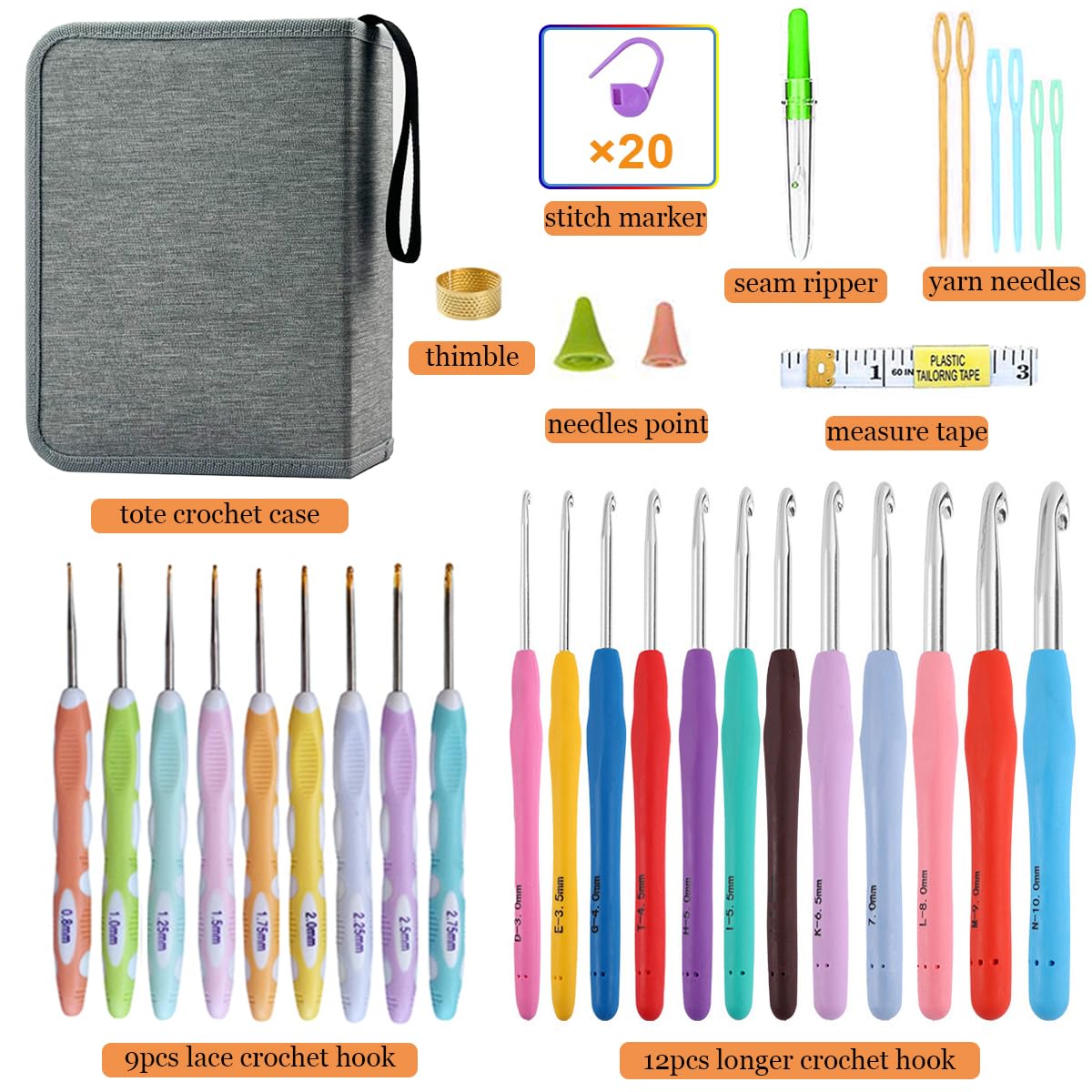 Mdoker Juego de ganchos de ganchillo de 21 tamaños, gancho ergonómico con estuche para manos artríticas, juego completo de ganchillo para principiantes y amantes del ganchillo (0.8 mm-10 mm)