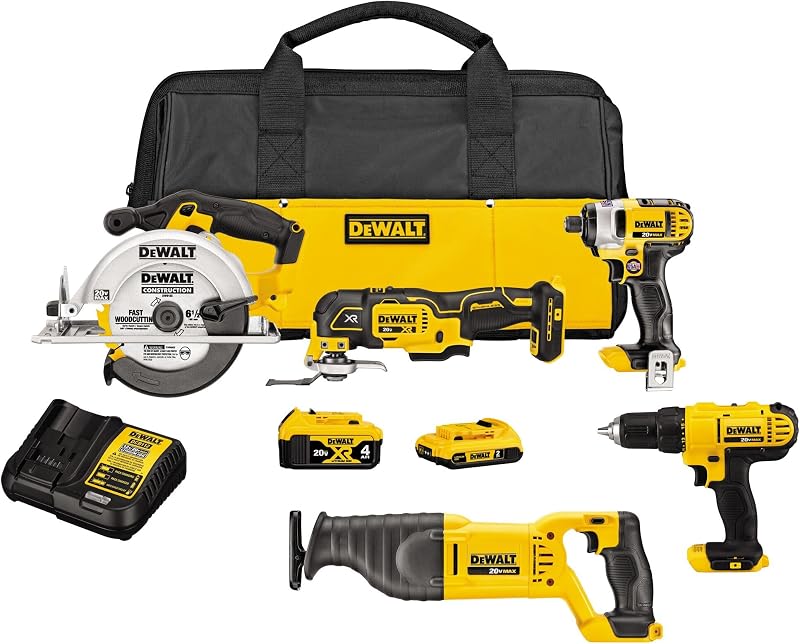 DEWALT Tools Kit combinado de herramientas eléctricas de 5 herramientas, taladro inalámbrico, sierra de impacto, juego de herramientas múltiples oscilantes con batería de 20 V MAX y cargador (DCK551D1M1)