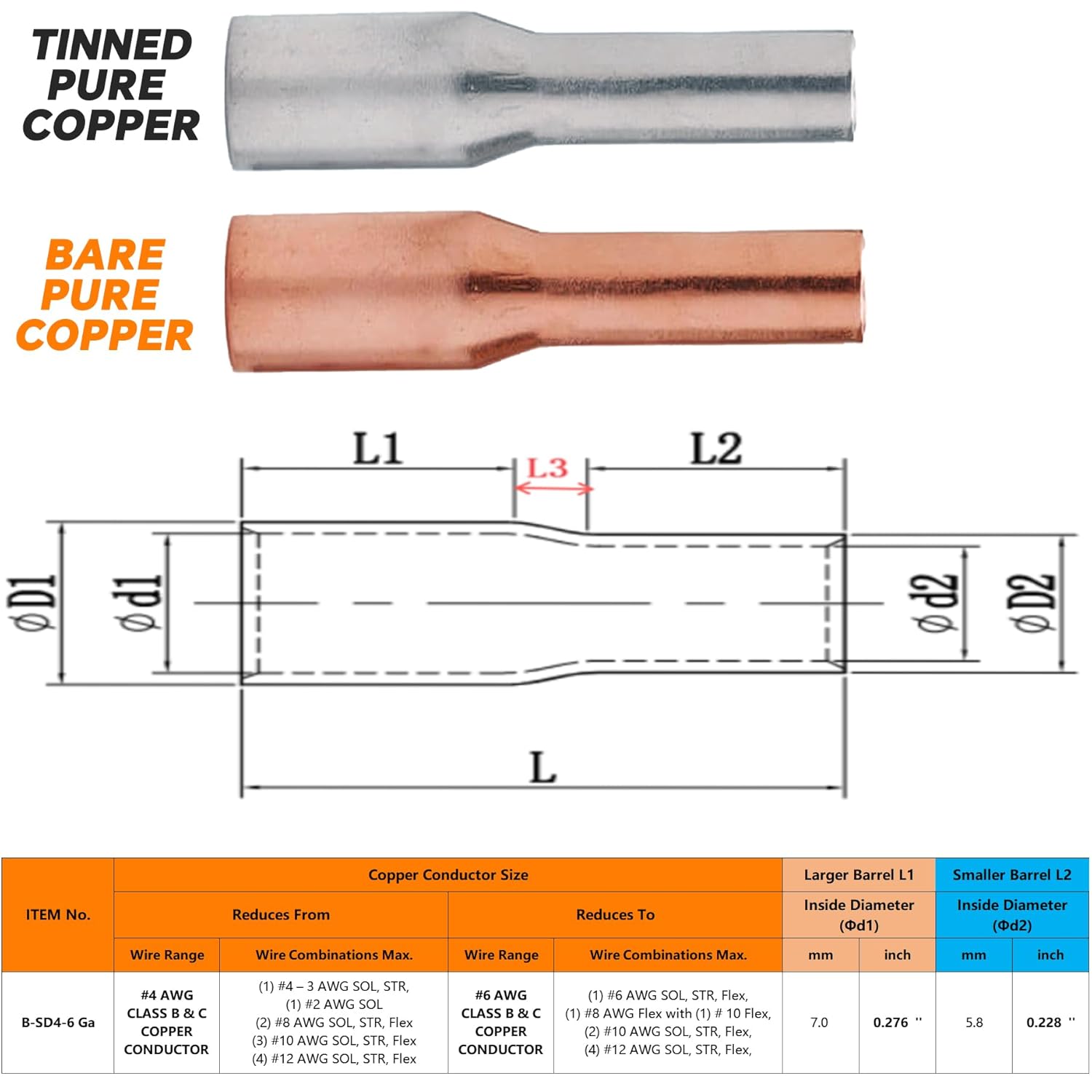 10PCS Step Down Butt Splice Connectors 4 AWG to 6 AWG Non-Insulated Reducing Splices,Pure Copper for Corrosion Resistance & Strong Crimps for Wire Splice Connectors,with 10PCS 3:1 Heat Shrinks