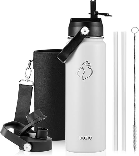Miniatura 47 de BUZIO Botella de agua aislada de 24 oz, frasco de agua de boca ancha de acero inoxidable con tapa de pajita, frío durante 48 horas a prueba de
