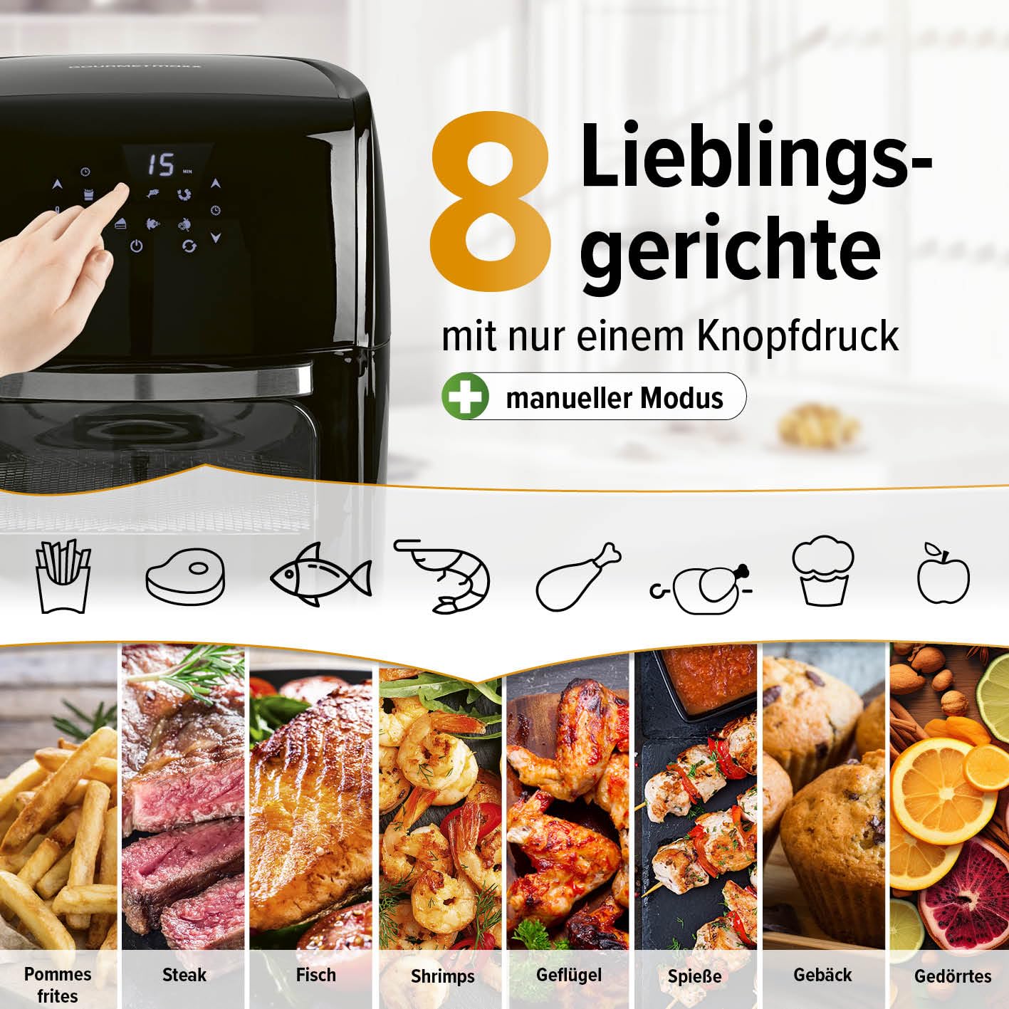 GOURMETmaxx Digitale Heißluftfritteuse 12L XXL-Ofen | Airfryer mit Timerfunktion, Touchdisplay, Drehspieß & Backgitter | fettarm, energiesparend frittieren | 8 Programme, 1800 W