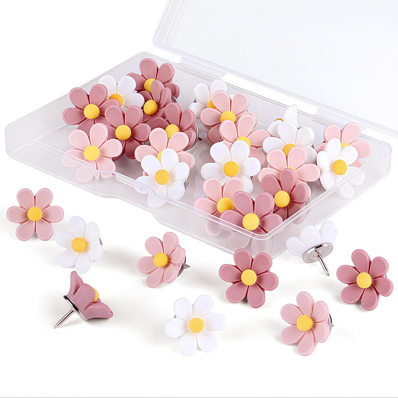 Lot De 30 Punaises Décoratives En Forme De Fleurs | Tête En Résine, Pointe Métal | Pour Tableau En Liège, Mur Photo, Bureau | Rose Et Blanc