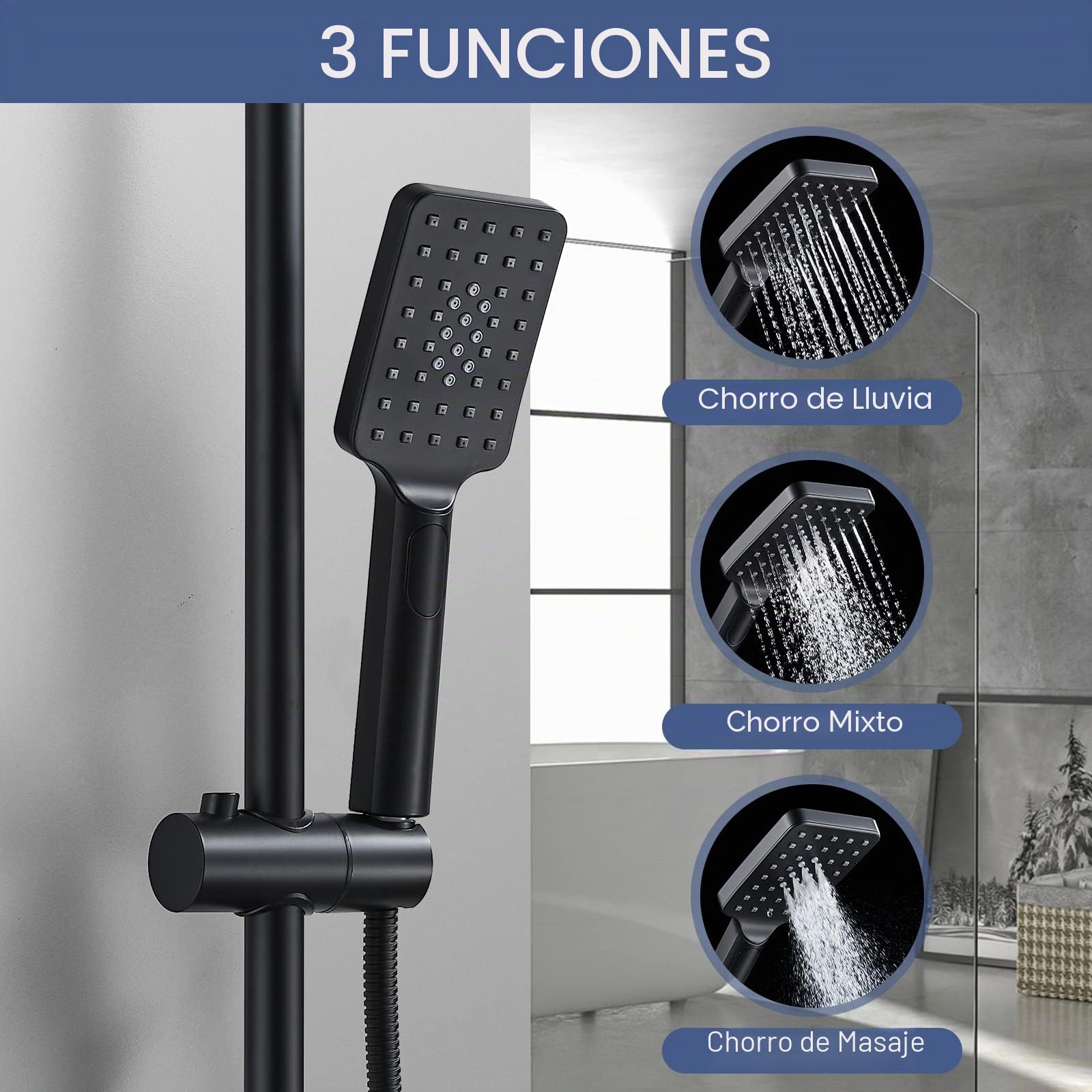 Columna Ducha con Grifo Negro, Altura Regulable 110-145cm, Conjunto Completo con Grifo Monomando, Sistema de Lluvia Cuadrada 21x21cm, Ducha de Mano de 3 Modos, Manguera 1.5 m