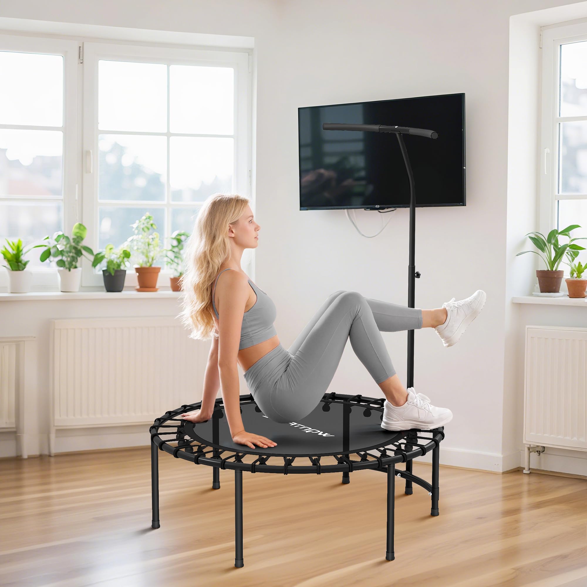 SPORTNOW Trampoline de Fitness 102 cm, Cordes Élastiques, Poignée Réglable 5 Positions, Capacité 100 kg, Cadre en Acier, Trampoline d'exercice pour Gymnastique, Entraînement, Noir