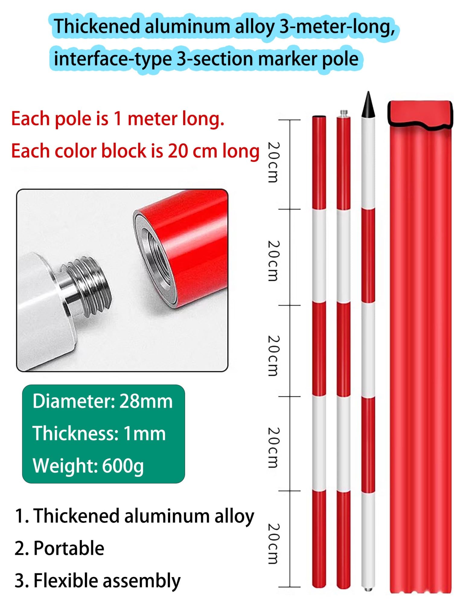 Poste de medición de Aluminio de 300 cm - Vara de medición Desmontable para levantamientos topográficos, Marcado de Obras y mediciones de ingeniería (118,1 Pulgadas) - Duradero y Ligero