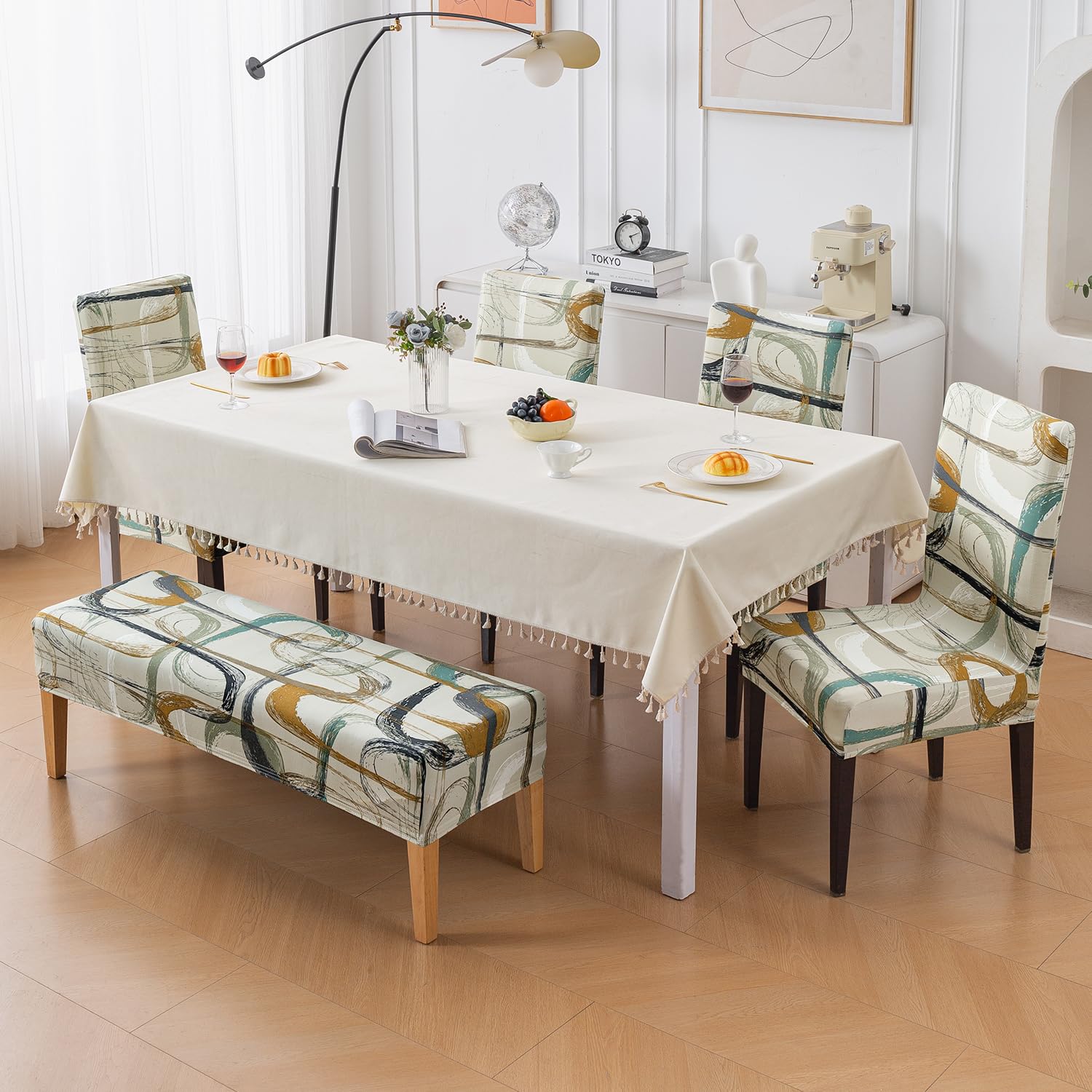 HOKIPO Dining Chair Covers - Beige Abstract Art -12