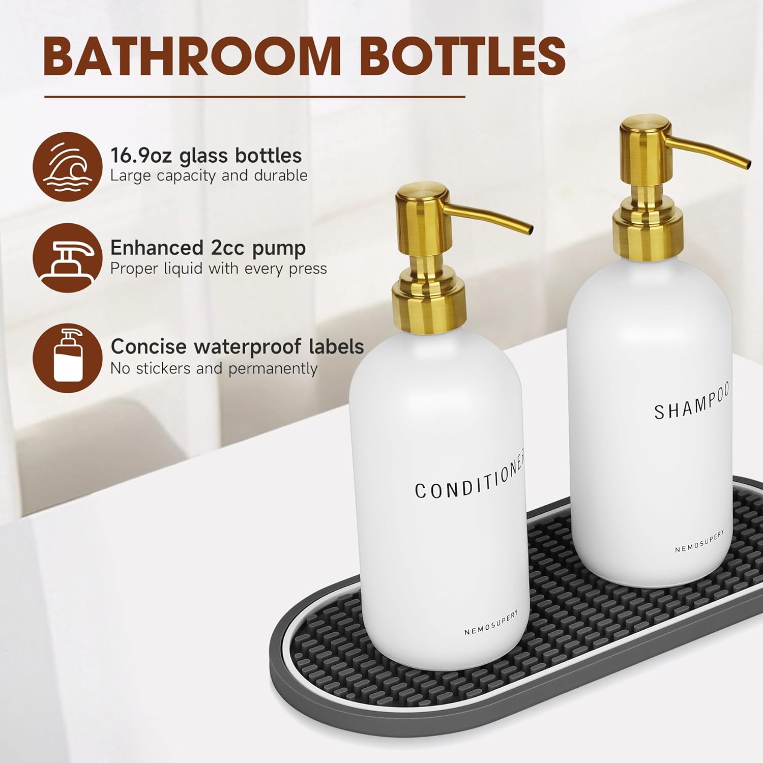 Glass Shampoo and Conditioner Dispenser-Shower Soap Dispenser for Bathroom -16.9 fl oz Set of 3 Refillable Glass Bottles with Pump and Labels-Shampoo Dispenser for Shower(White) - Image 2