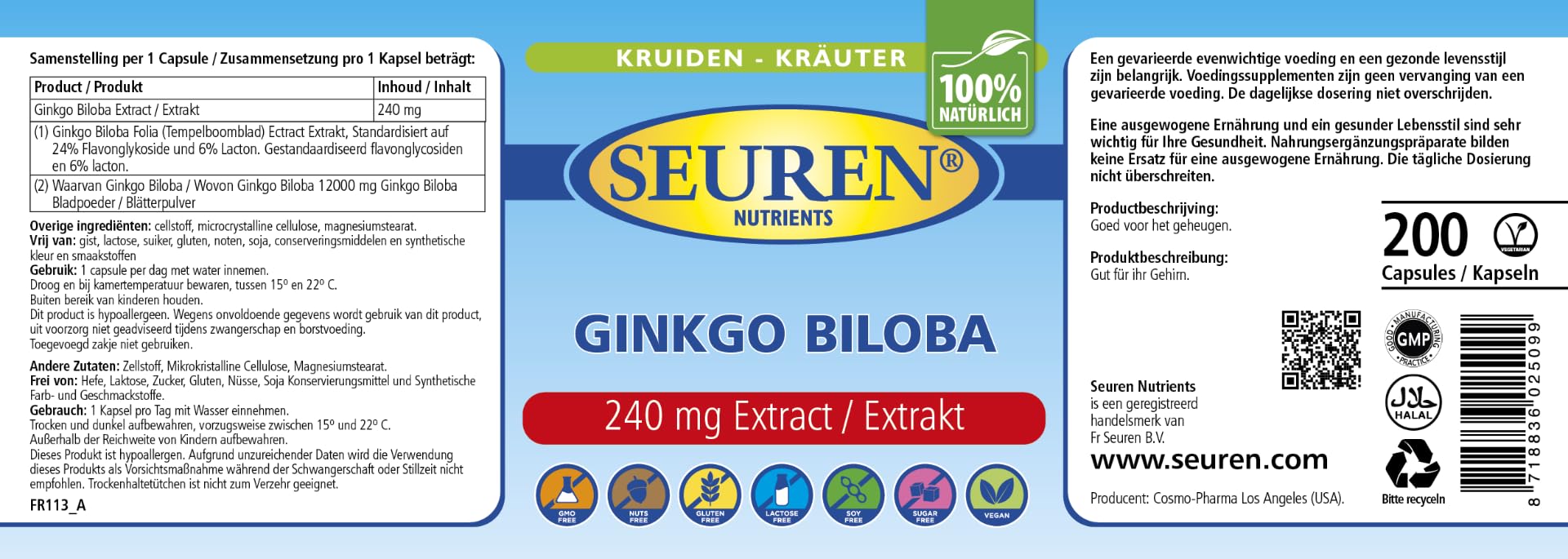 Seuren Nutrients | Ginkgo Biloba 12000 mg 200 Kapseln | Hochdosierte Ginkgo Biloba 240 mg Extrakt Kapseln | Frei Von Allergenen und für Vegetarier und Veganer Geeignet |