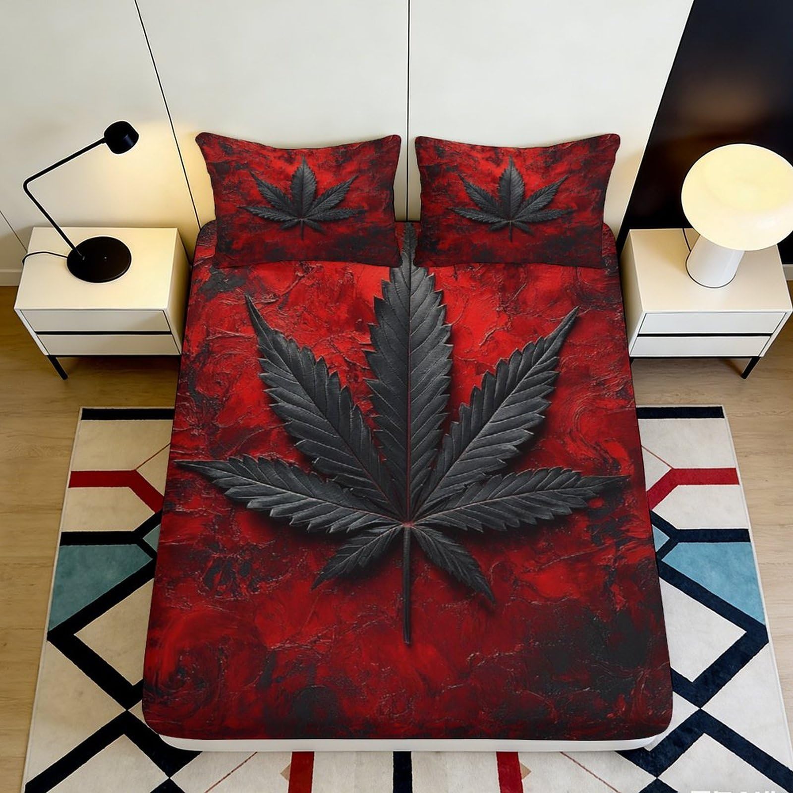 3D Printed Red Cannabis Leaf Fitted Sheet Microfiber Soft Stylish Black Marijuana Bed Cover for Bedroom Dorm Decor 90x200x25cm