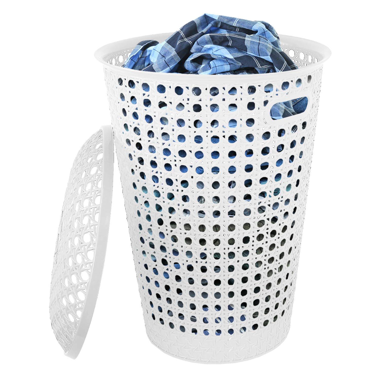 Daniel James Housewares White Plastic Washing Basket Hamper 48L Laundry Bathroom Storage Linen Clothes Lid Rattan Style