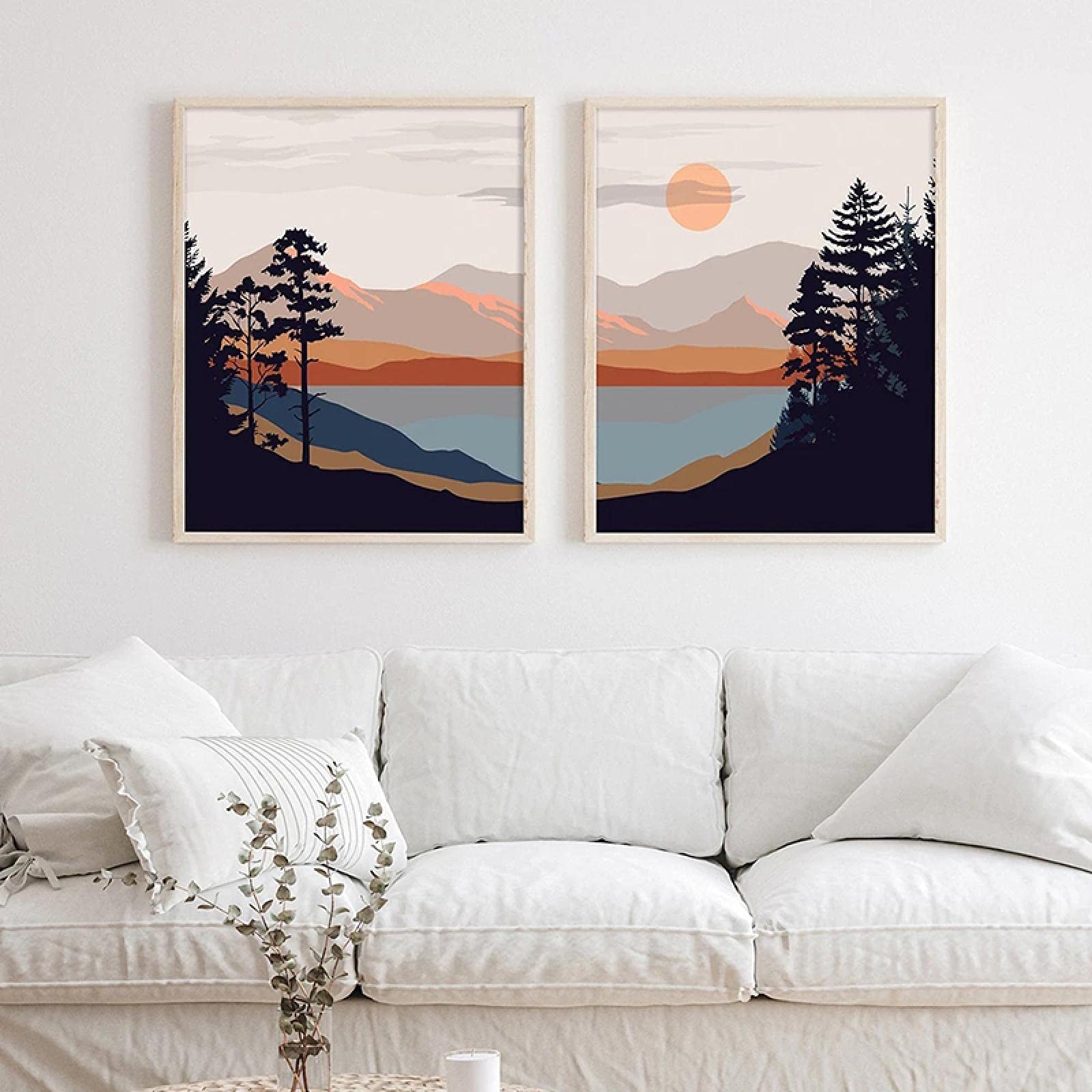 Yooyu Sun Paisaje Pintura Terracota Pared Arte Lienzo impresión montaña Lago Cartel Moderno Sala de Estar decoración de Pared 55x80cmx2 Marco Interno
