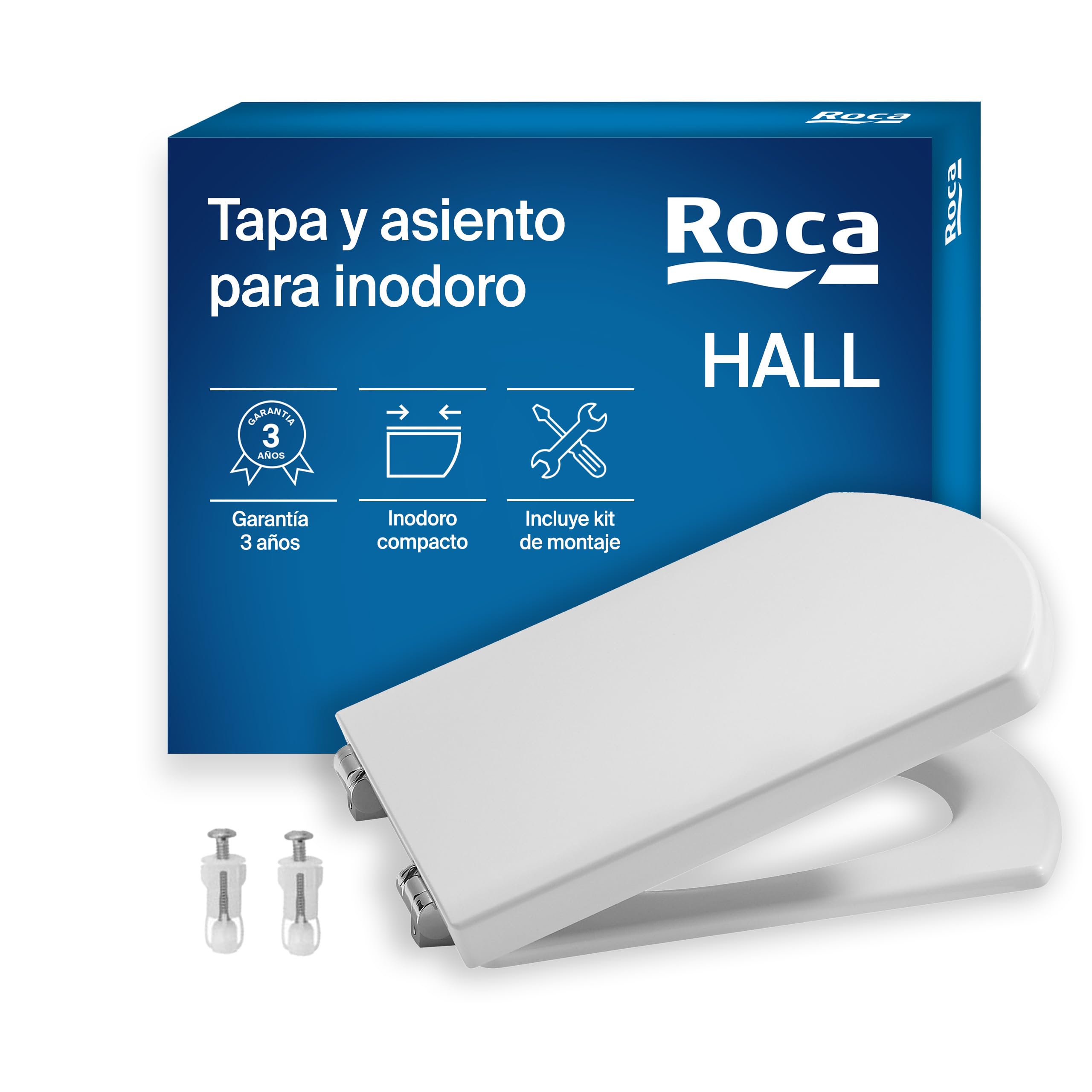 Roca Hall - Tapa y asiento para inodoro compacto con bisagras de acero inoxidable, tapadera de WC original con ajuste perfecto, recambio de tapa de váter resistente, blanco, A801620004