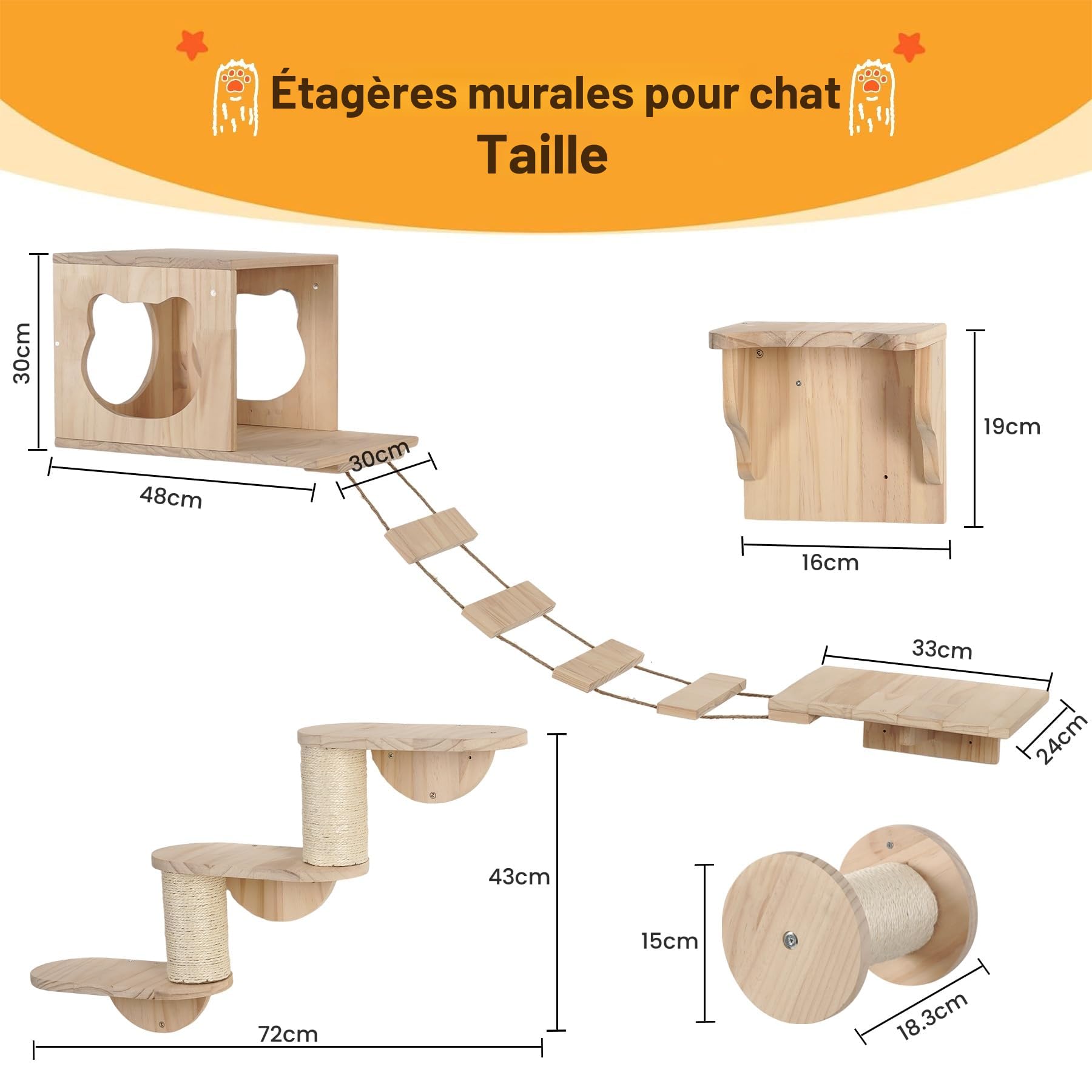 Mur d'escalade pour chat XXL - Parc mural en bois 4 pièces avec grotte pour chat, pont suspendu, escalier et colonne en sisal - Meubles muraux pour chats domestiques