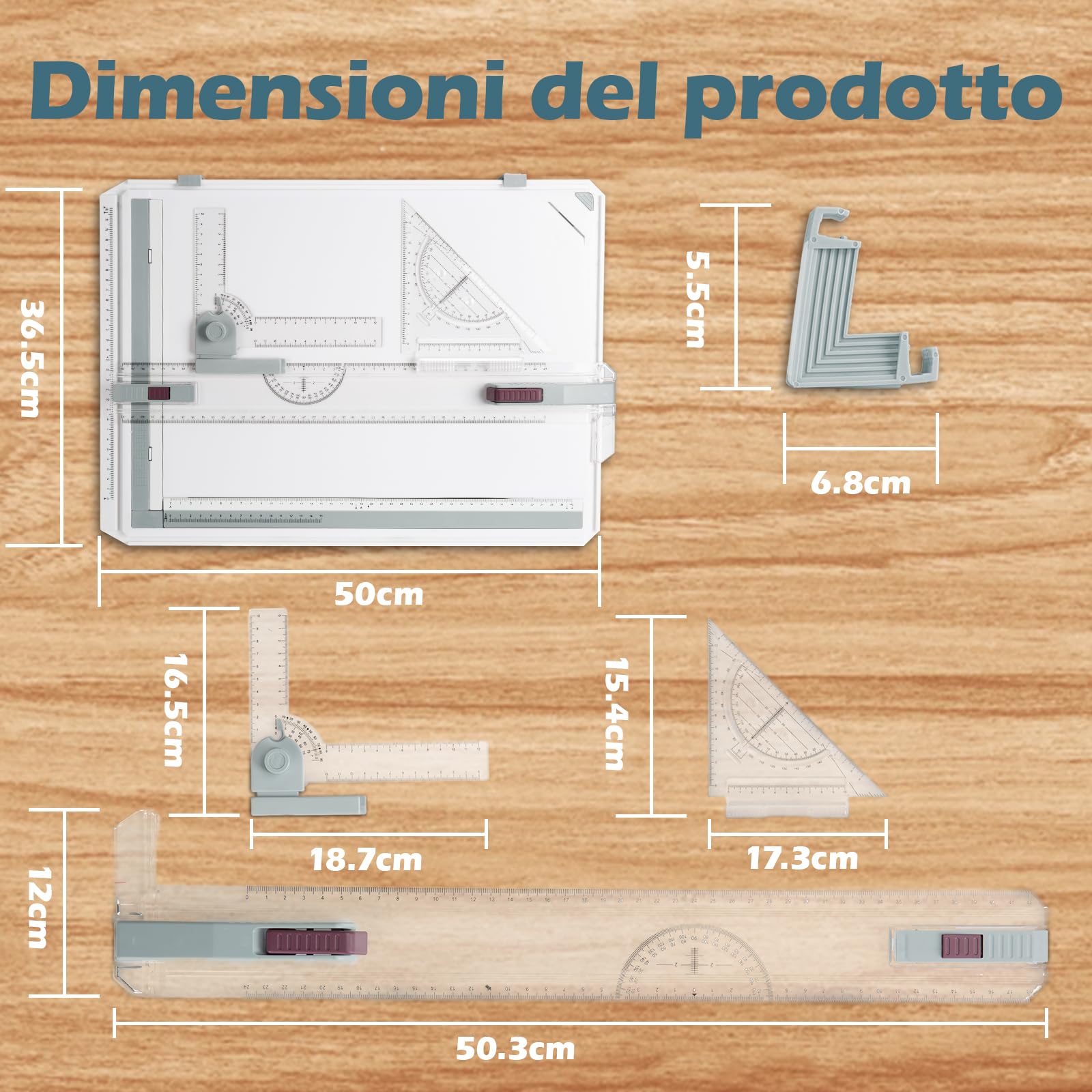 Tavola da disegno A3, Tavola da disegno professionale DIN A3, Tavolo da disegno con righello scorrevole, squadra da disegno e righello squadra a T, per ingegneri, designer, studenti per lavoro preciso