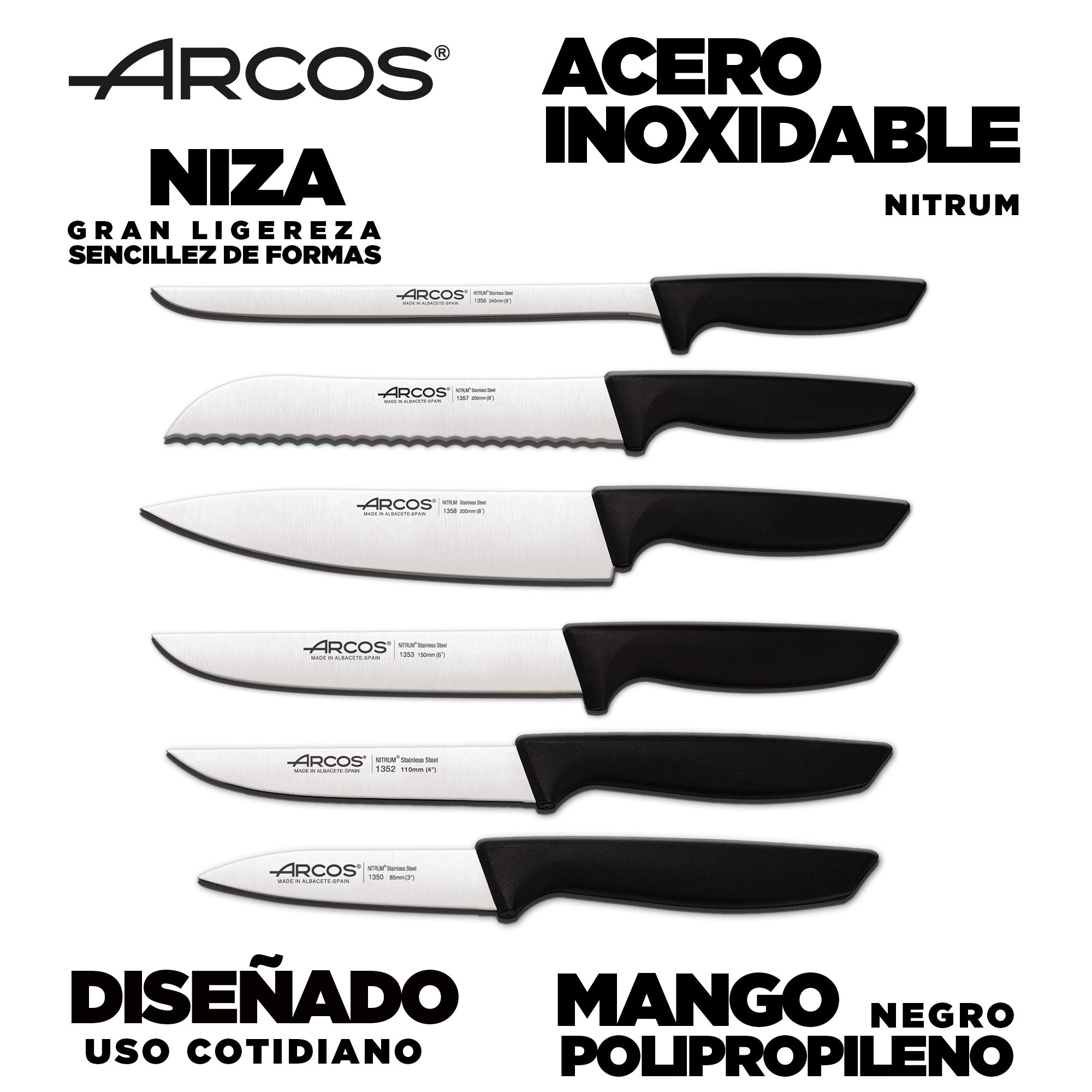 Arcos Jeu de couteaux de cuisine professionnels | Couteaux de cuisine professionnels | 6 pièces | Couteaux en acier inoxydable Poignée noire | Ustensiles de cuisine série Nice | Passe lave-vaisselle