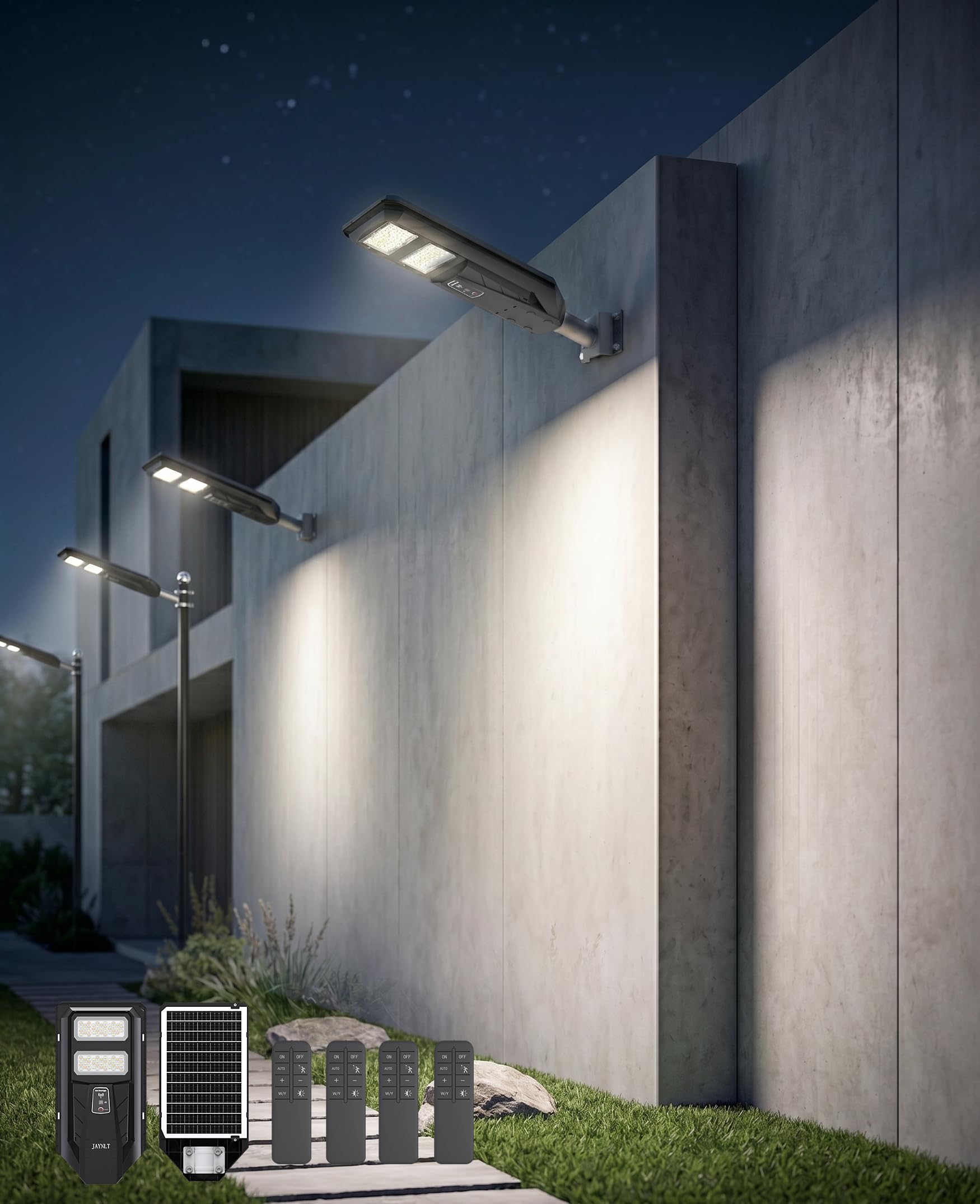 JAYNLT Lampione Solare LED Esterno, 3000K/4000K/6500K Faretto Led da Esterno con Sensore di Movimento, IP67 Impermeabile Faro Solare per Giardino Cortile Garage (4 Pezzi)