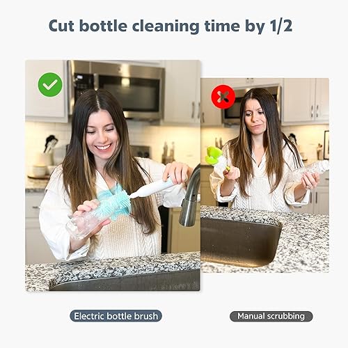 Miniatura 2 de MomMed Cepillo eléctrico para botellas, juego de cepillos eléctricos para biberones con botella de silicona, chupete, cepillo para popote y cabezal