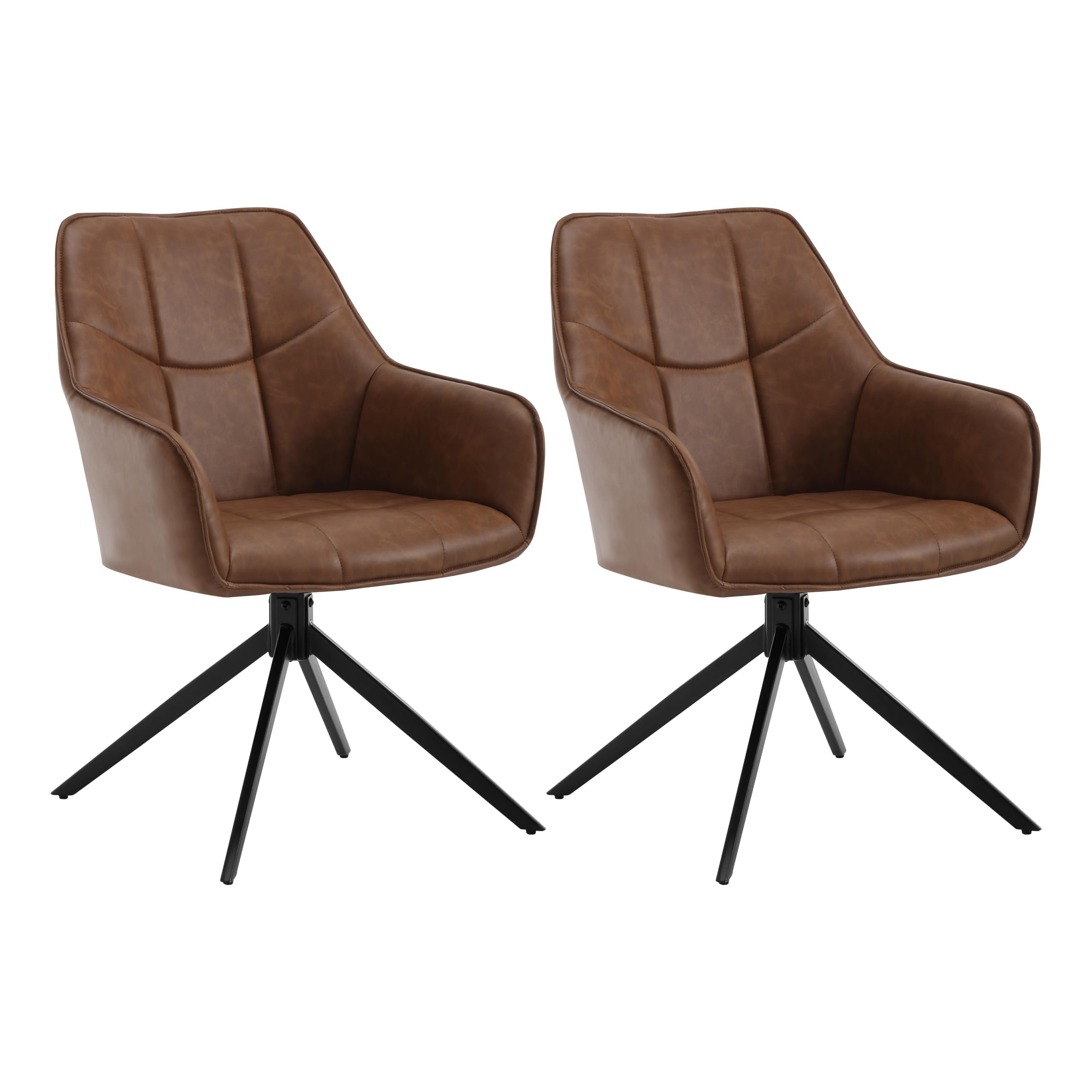 WOLTU Juego de 2 Sillas de Comedor Giratorias 360°con Respozabrazos | Asiento Tapizado en Piel Vintage y Acolchado de Esponja Mullido, Estructura Metálica, para Cocina, Comedor,Marrón Claro