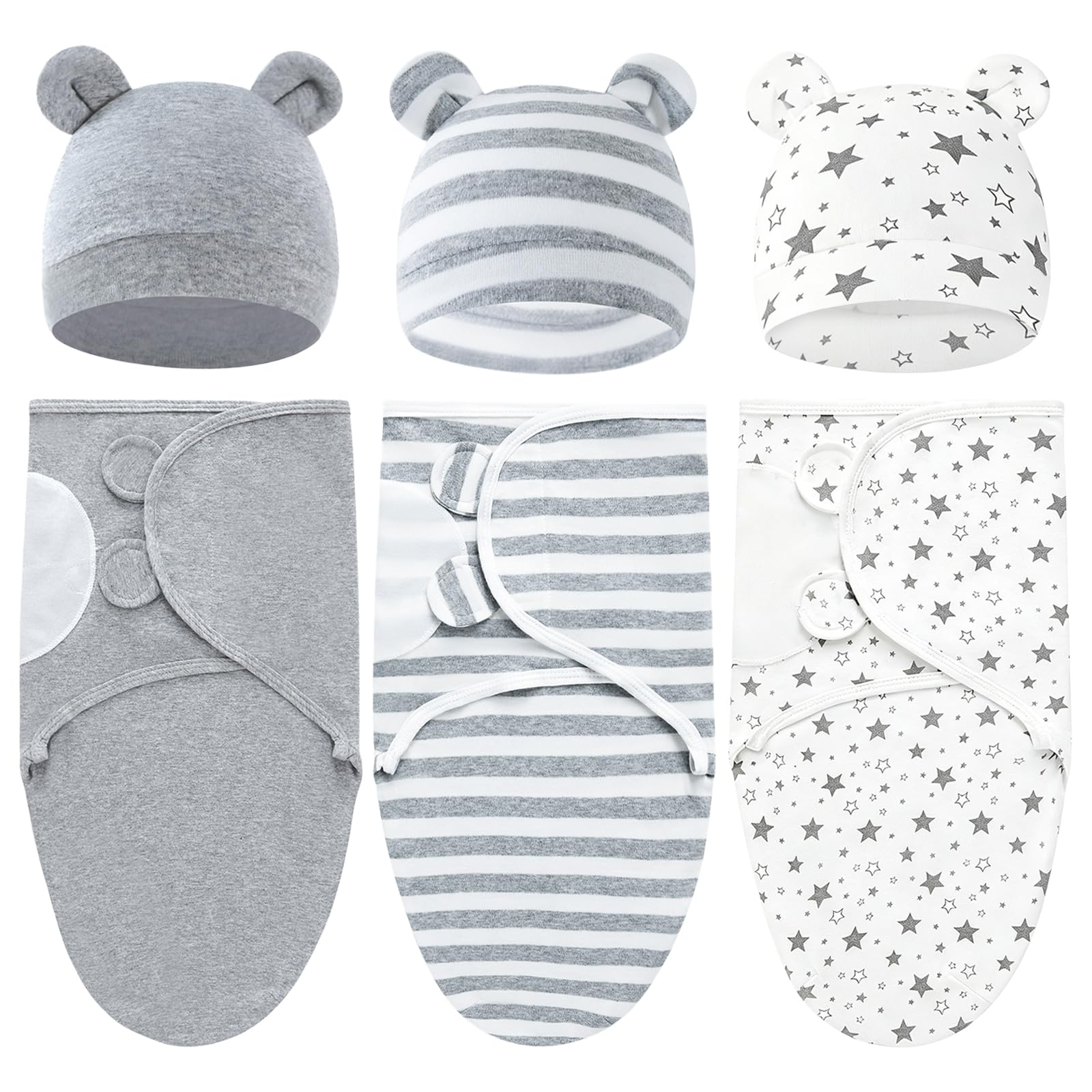 HAGOT Baby Swaddle Blanket Wraps for 0-3 Months, 3-Pack Organic Cotton Baby Swaddles, Newborn Swaddle Blanket with Hats, Adjustable Swaddling Wraps, Swaddles for Newborns Infant Boys & Girls