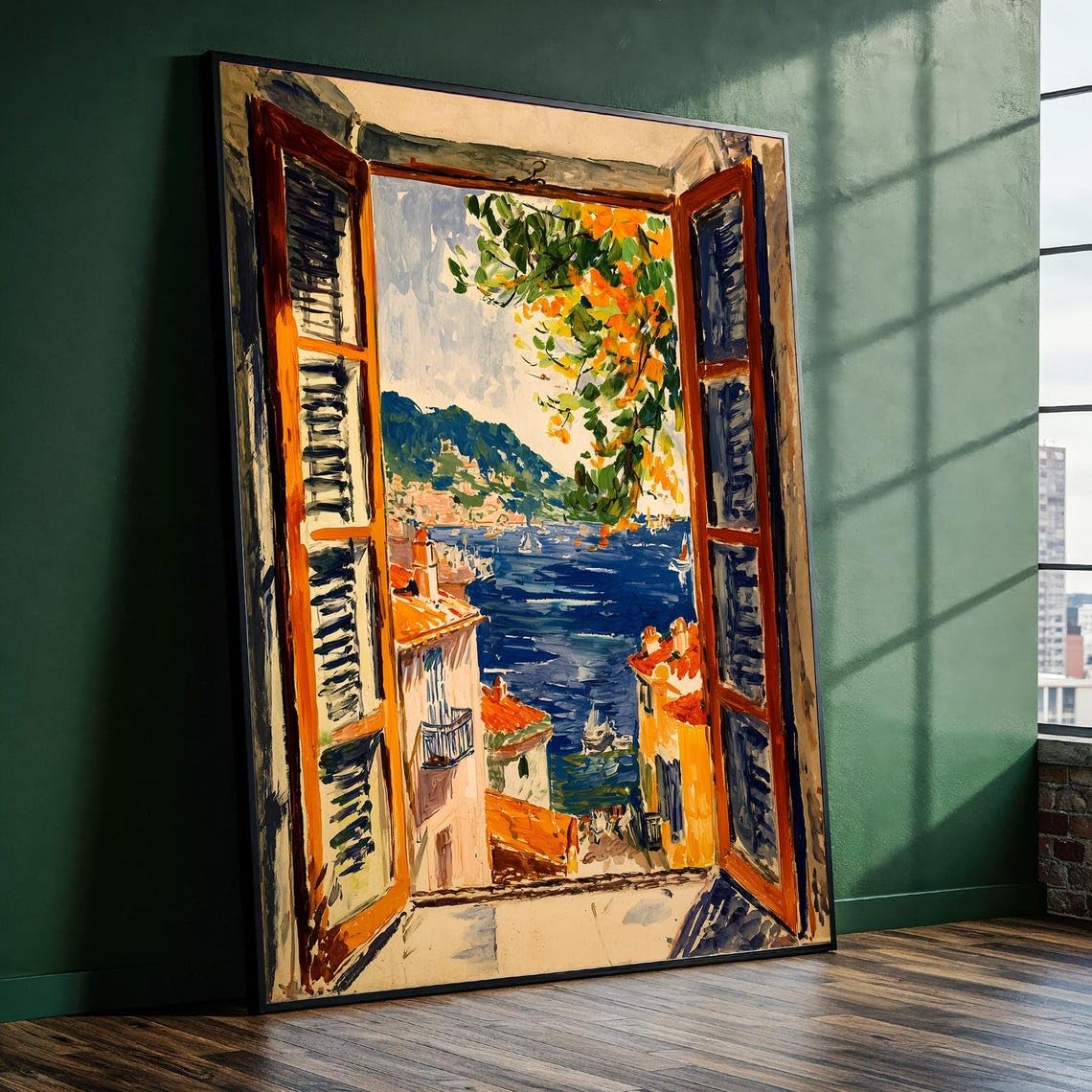 Xinbao Frameless Mediterranean Window View Canvas Wall Art- Colorful Seaside Canvas Print - Coastal Village Painting -Ocean Balcony Decor(21X30cm/Frameless)