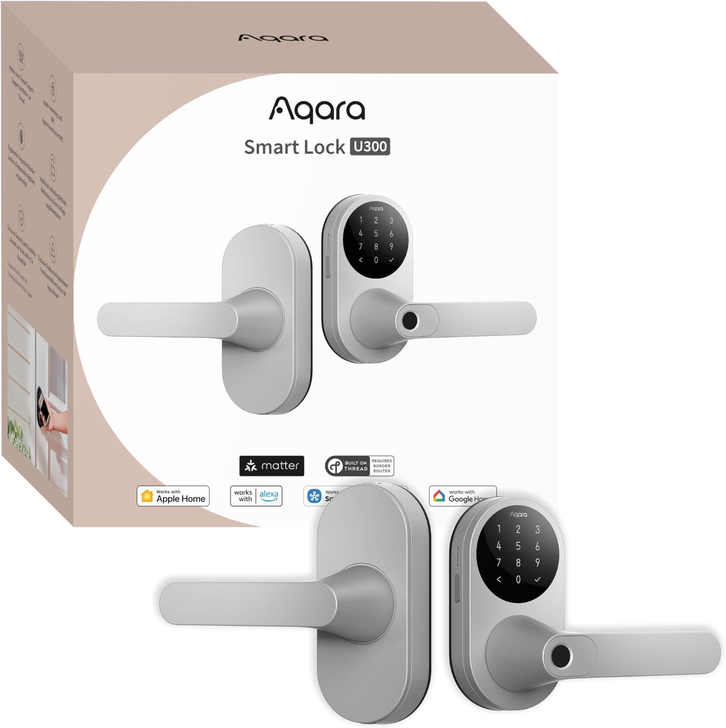 Smart Lock U300, Fingerprint Keyless Entry Door Lock with Handle, Matter Over Thread with Apple Home Keys, Touchscreen Keypad, Smart Lever Lock Supports Apple Home, Alexa, Google, IFTTT, Silver