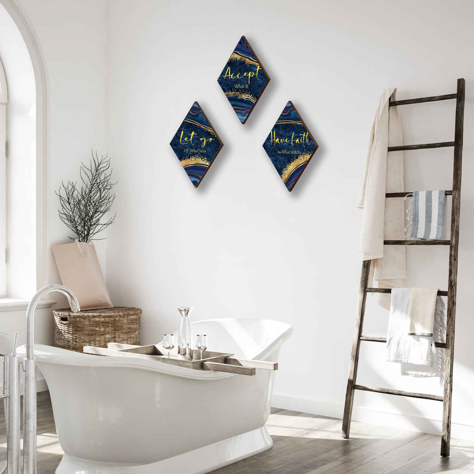 3 piezas de decoración de baño azul y dorado, decoración de pared dorada con cita de Accept Let Go Have Faith rústica vintage para mujer, hogar, lavandería, sala de estar, dormitorio (12 x 7) 5