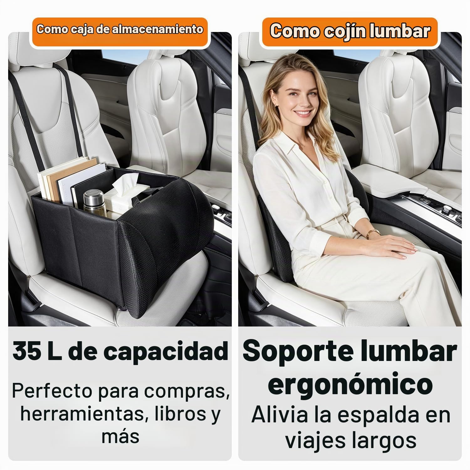GGW Organizador plegable 2 en 1 para asiento del copiloto con cojín lumbar | Caja plegable resistente como solución de asiento y almacenamiento. Adecuado para coches, coches, SUV y camionetas