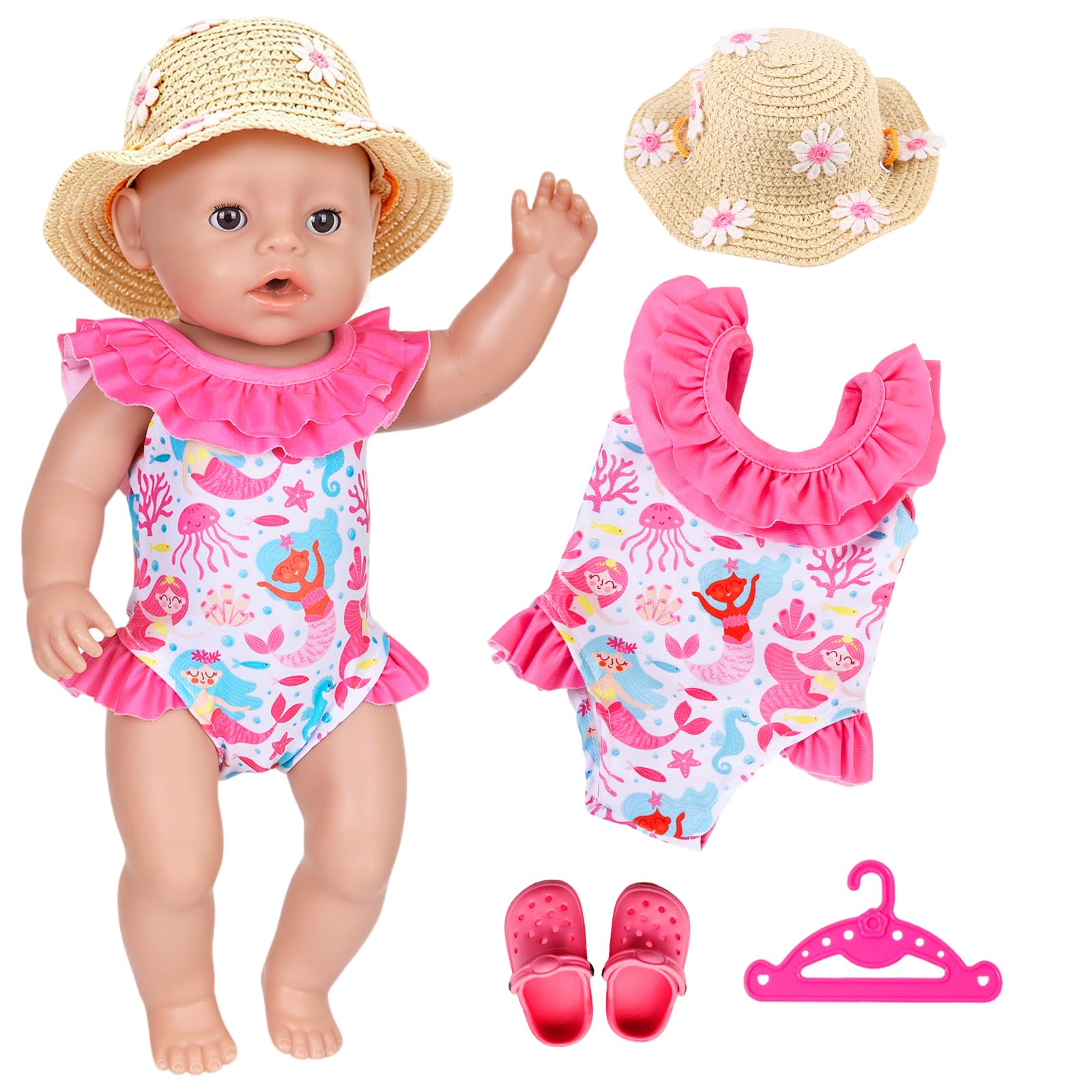 Doll Clothes for 35–45 cm Dolls – Summer Swimsuit Outfit with Underwater Pattern, Pink Clogs, Flower Straw Hat & Pink Hanger Doll Accessories Set for Baby Dolls